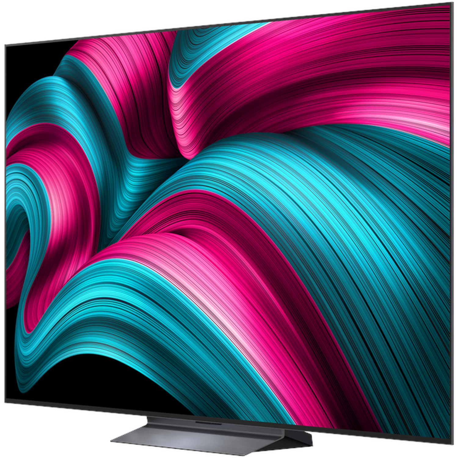 Een moderne televisie met een wervelend abstract patroon van roze en turquoise op het scherm.
