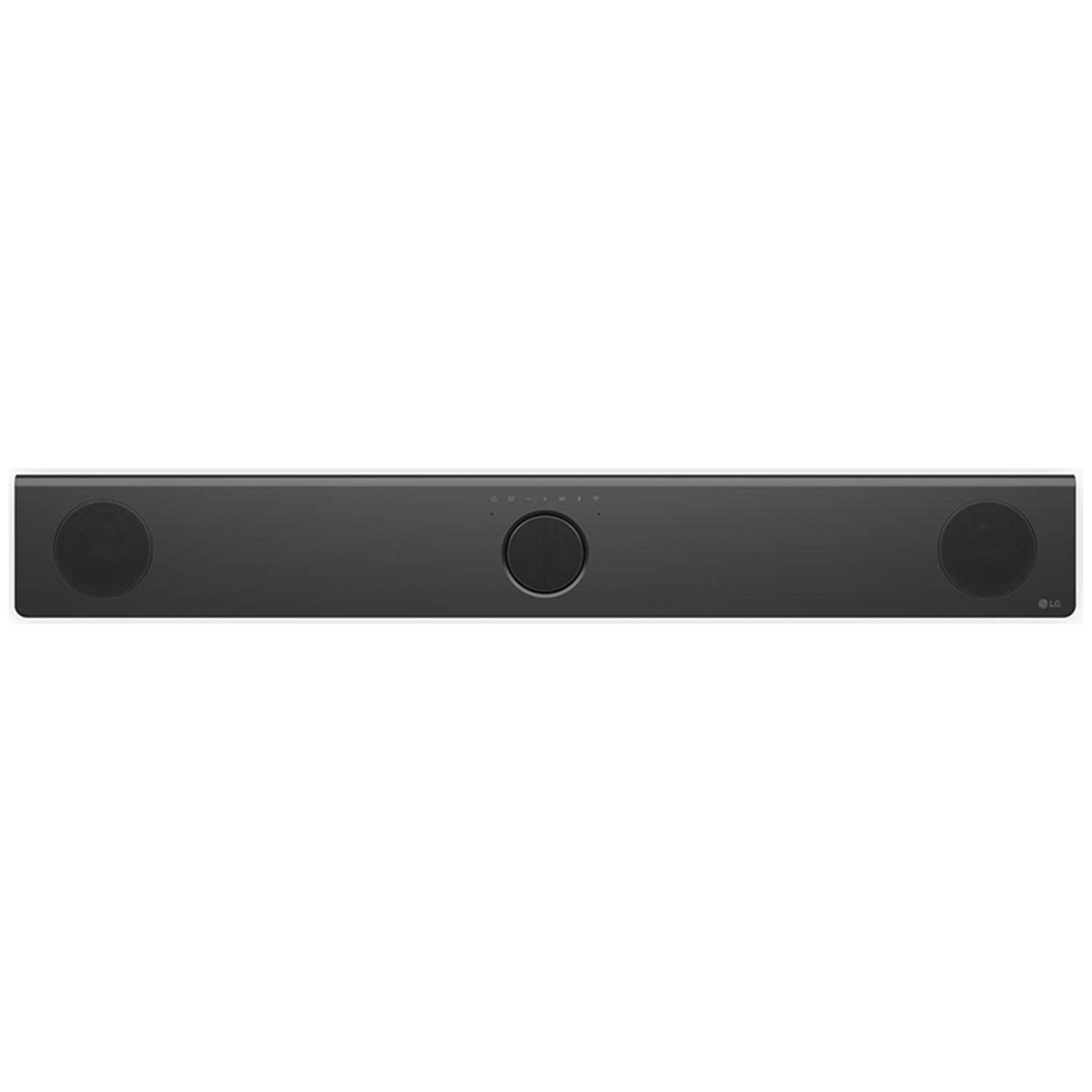 Een slanke, zwarte LG soundbar met ronde luidsprekerroosters aan beide uiteinden.