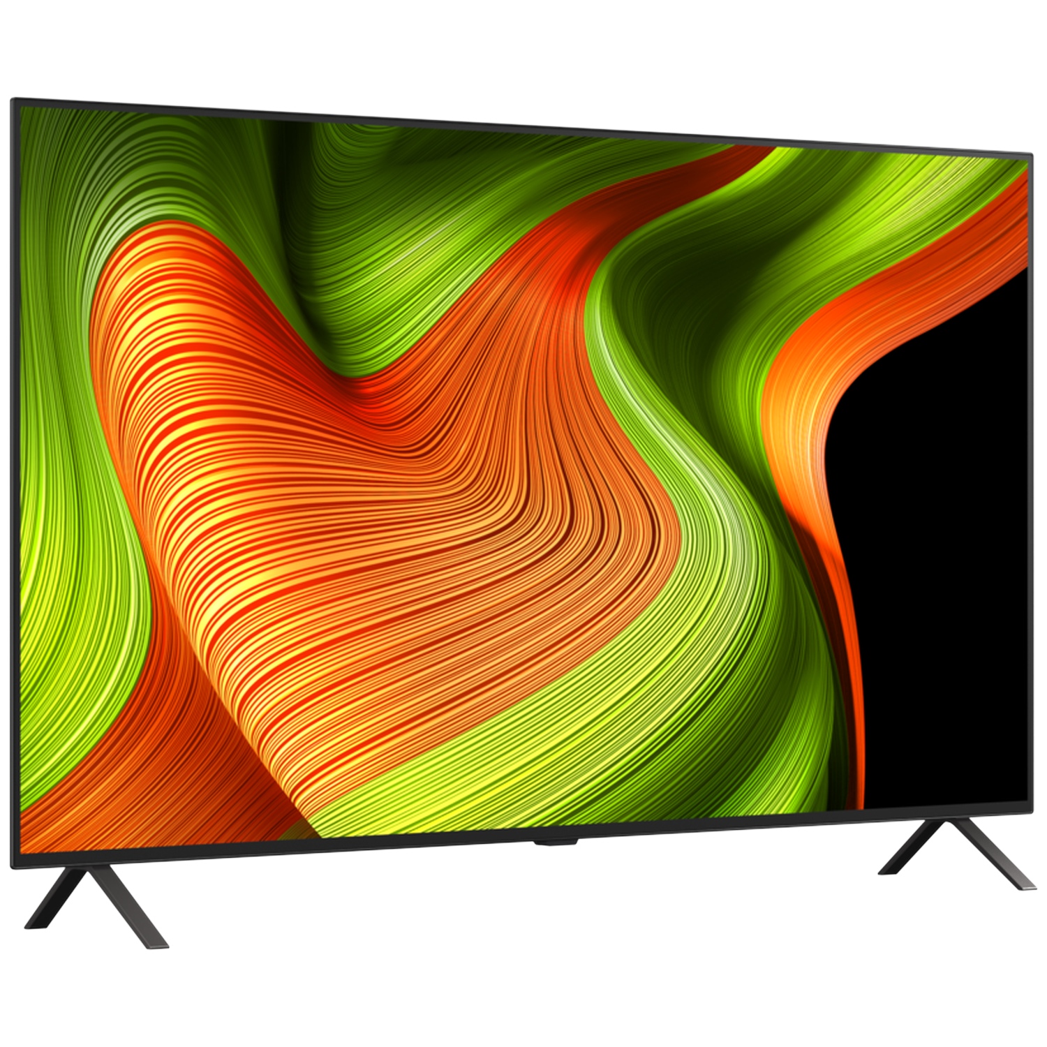 Een moderne televisie met een abstracte, kleurrijke schermachtergrond in groen- en oranje tinten.