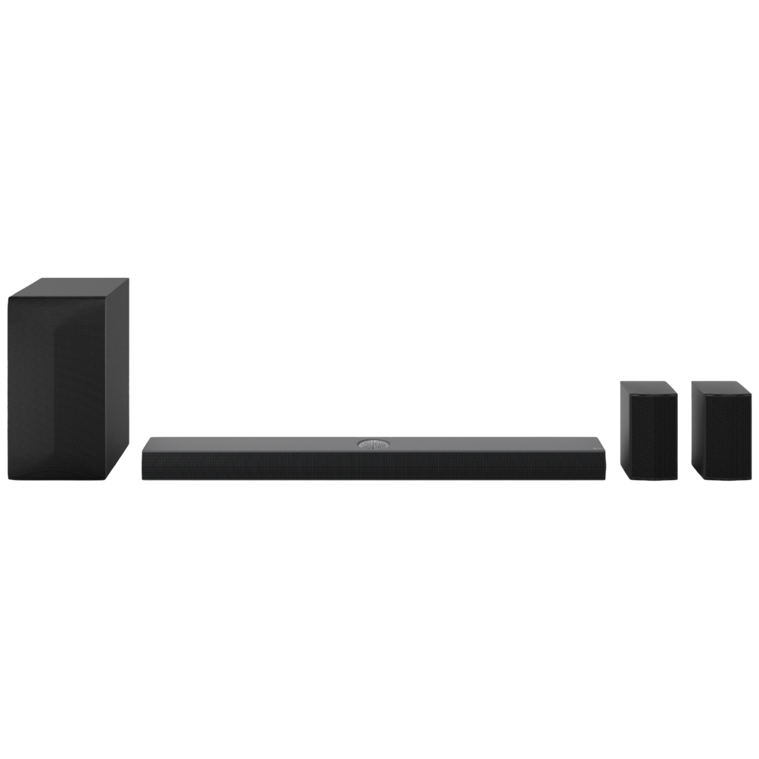 Een zwart geluidssysteem met een lange speaker en twee kleinere speakers.