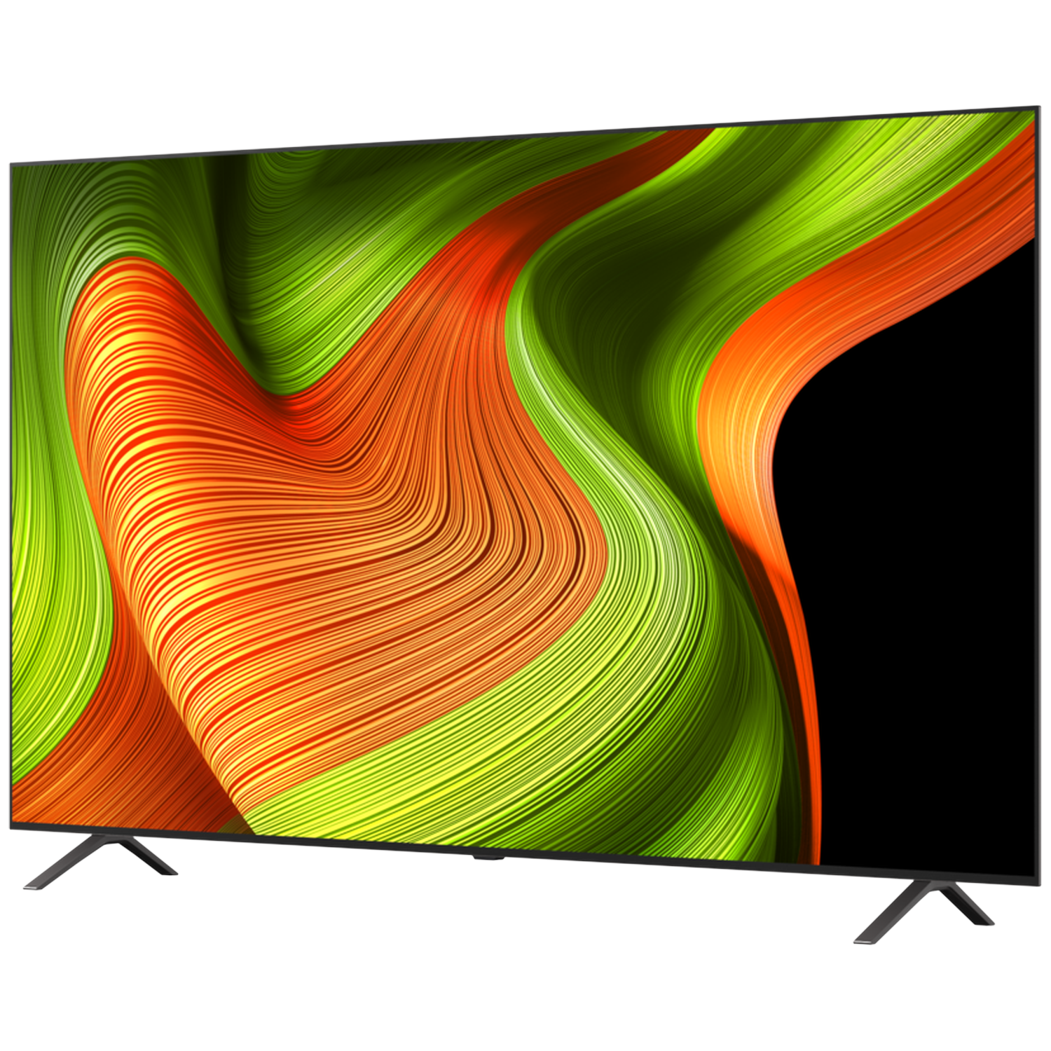 Een moderne flatscreen-tv toont een kleurrijk, abstract golvend patroon van groene en oranje strepen.