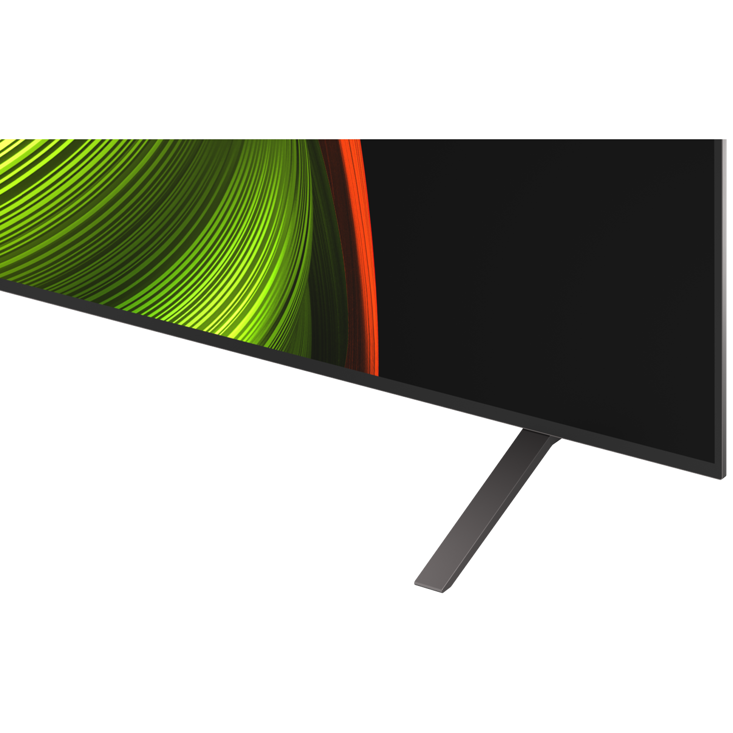 Een moderne televisie met een abstract groen en oranje patroon en een slanke standaard.