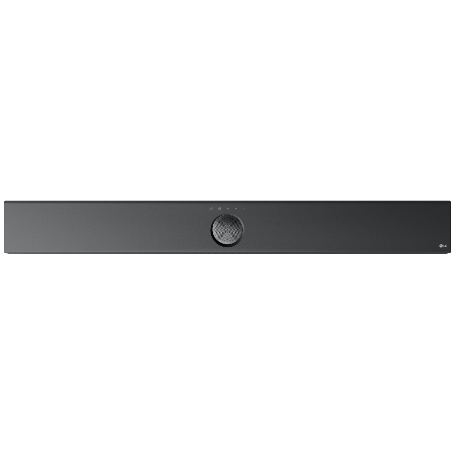 Een donkere soundbar met een ronde draaiknop in het midden.