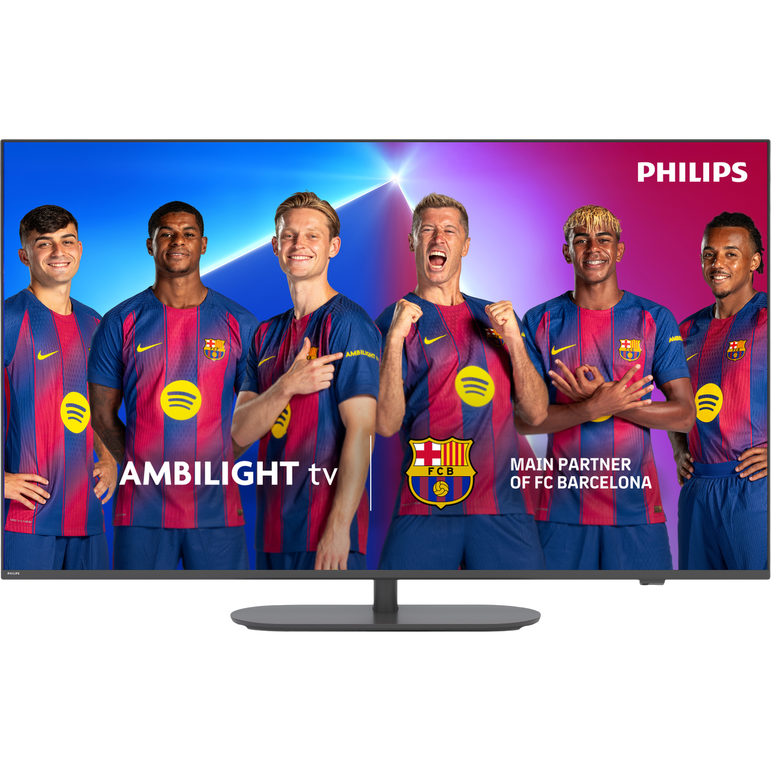FC Barcelona spelers in uniform glimlachen. Philips Ambilight TV logo getoond.