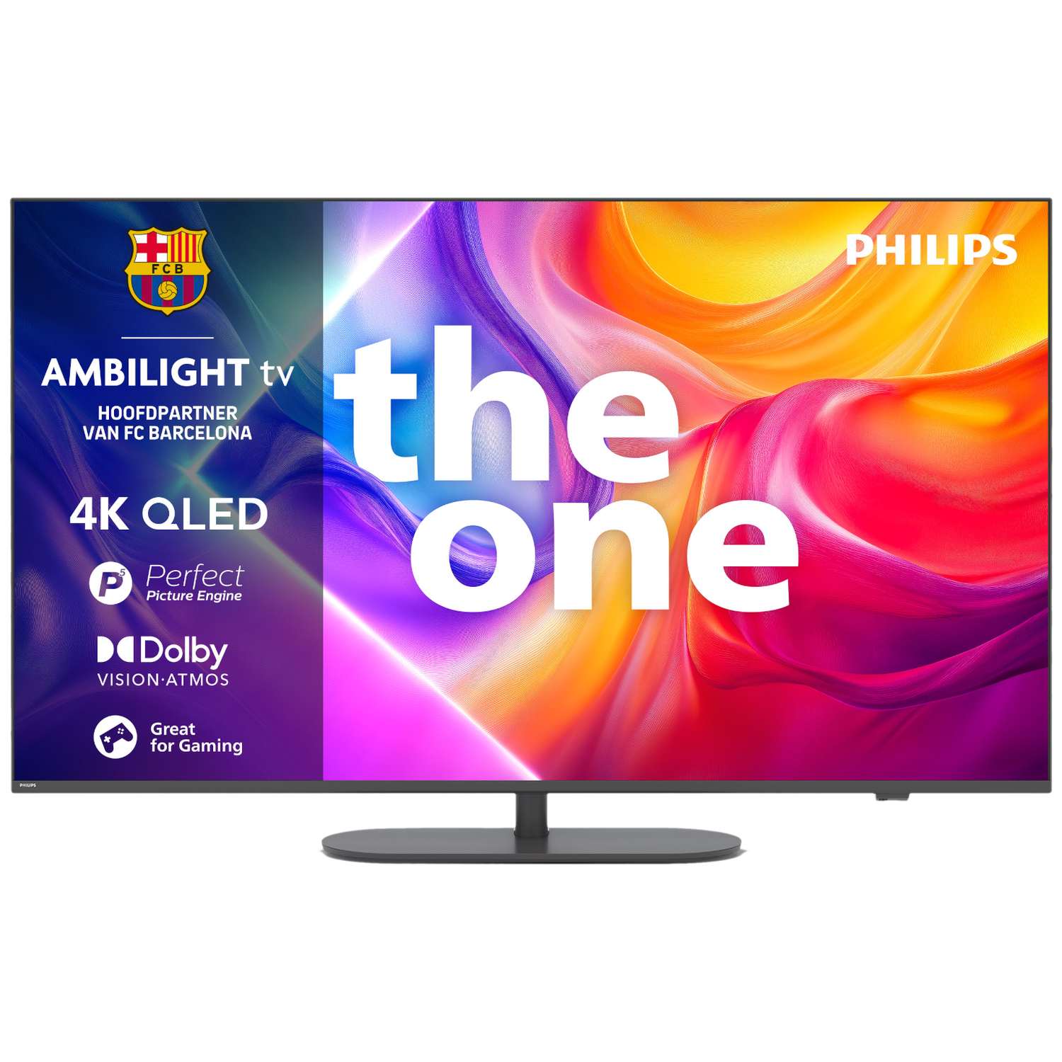 Een Philips Ambilight TV met FC Barcelona logo, 4K QLED en "the one" tekst.