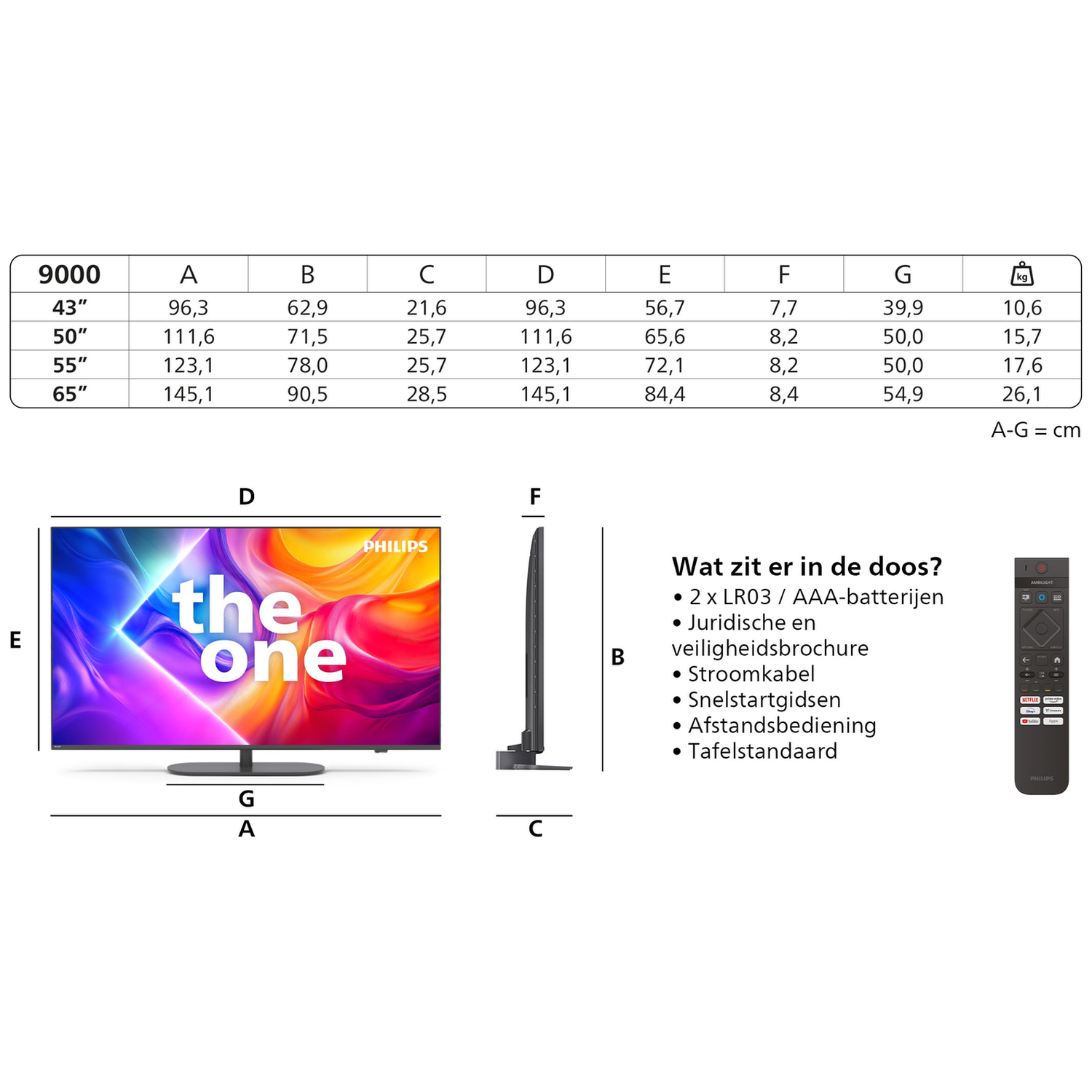 Tabel met tv-maten en afmetingen; links een tv met "the one"