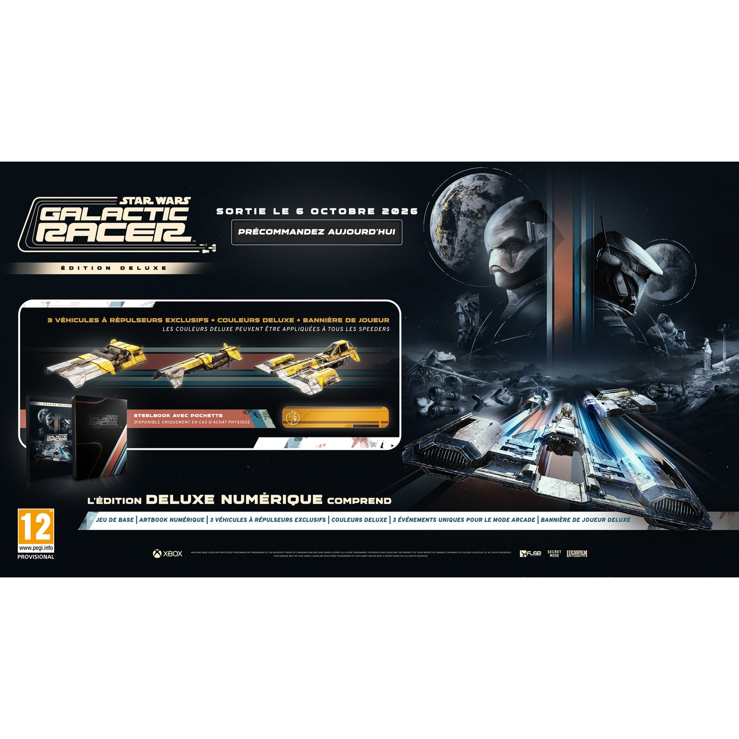 Publicité pour Star Wars: Galactic Racer Deluxe Edition avec véhicules et personnages.
