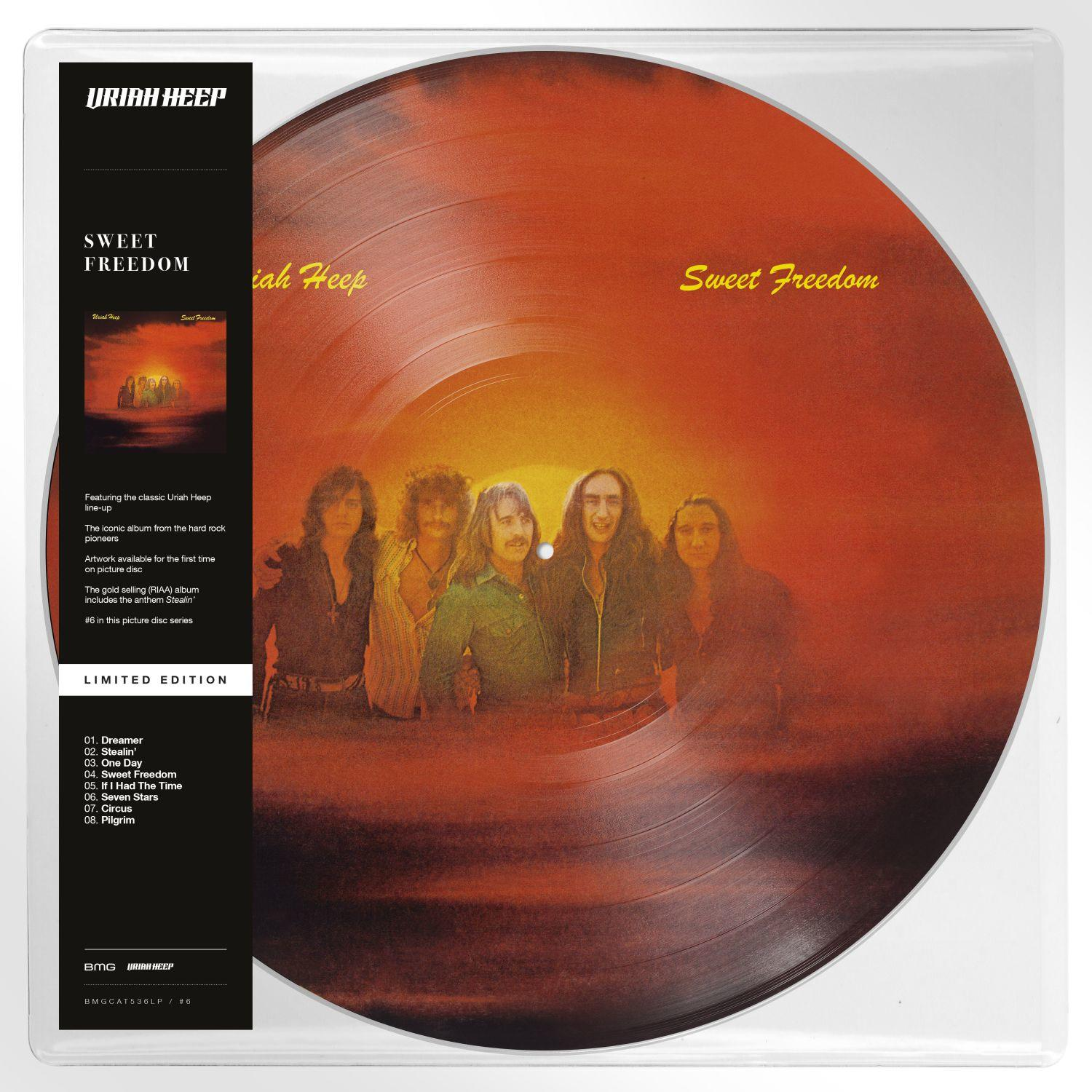 Uriah Heep Sweet Freedom bakelit lemez, zenekari fotóval és számlistával.
