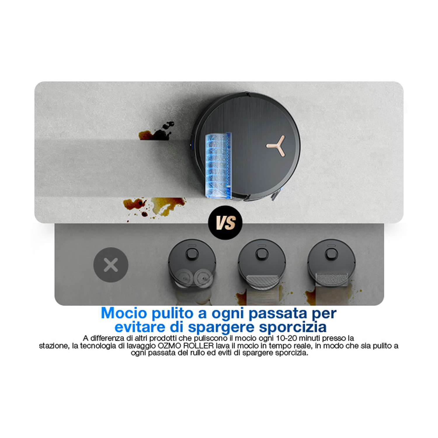 Robot aspirapolvere con funzione lavapavimenti pulisce un pavimento sporco.