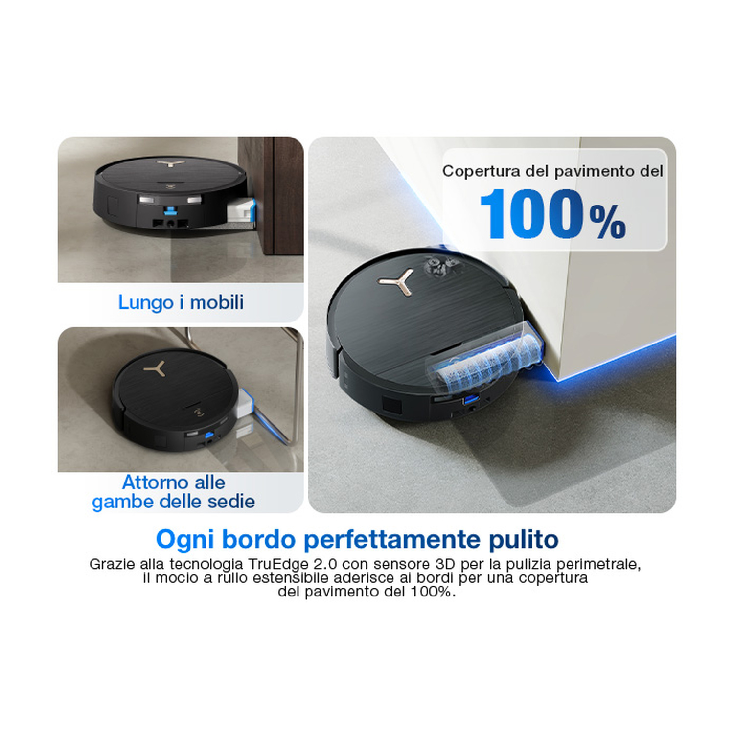Un robot aspirapolvere nero pulisce perfettamente angoli e bordi.