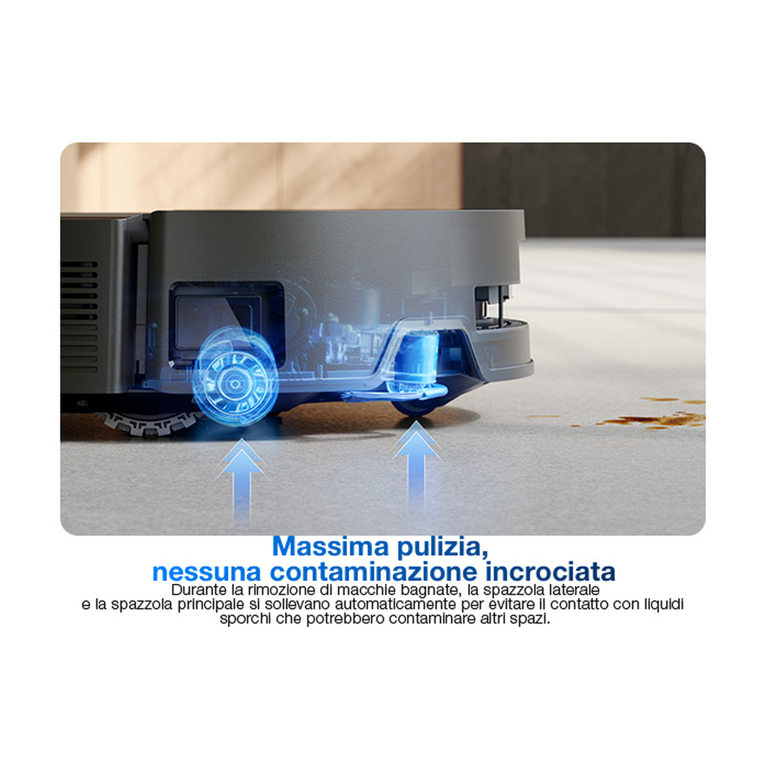 L'aspirapolvere robot solleva le spazzole sulle macchie umide per evitare contaminazione.