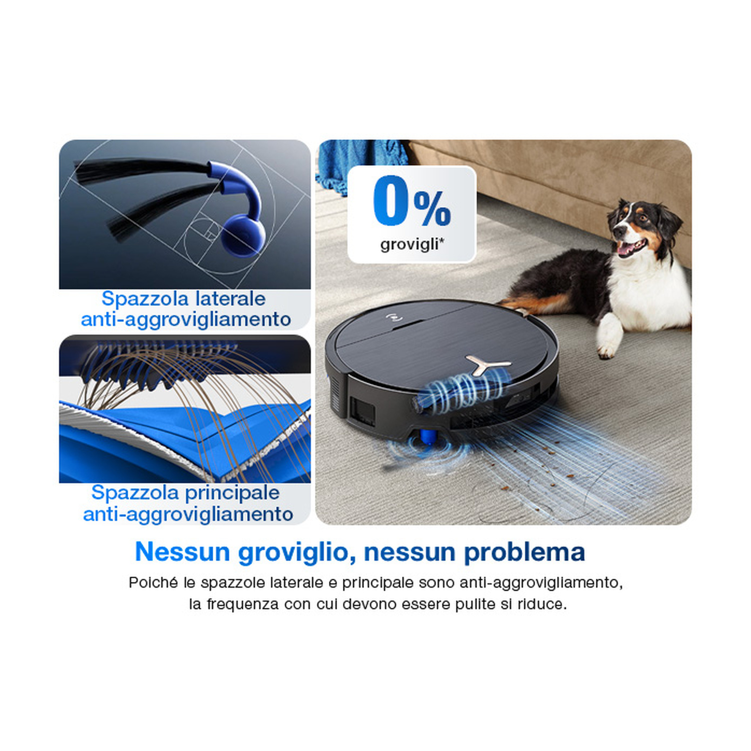 Robot aspirapolvere con spazzole anti-groviglio pulisce tappeto vicino cane.