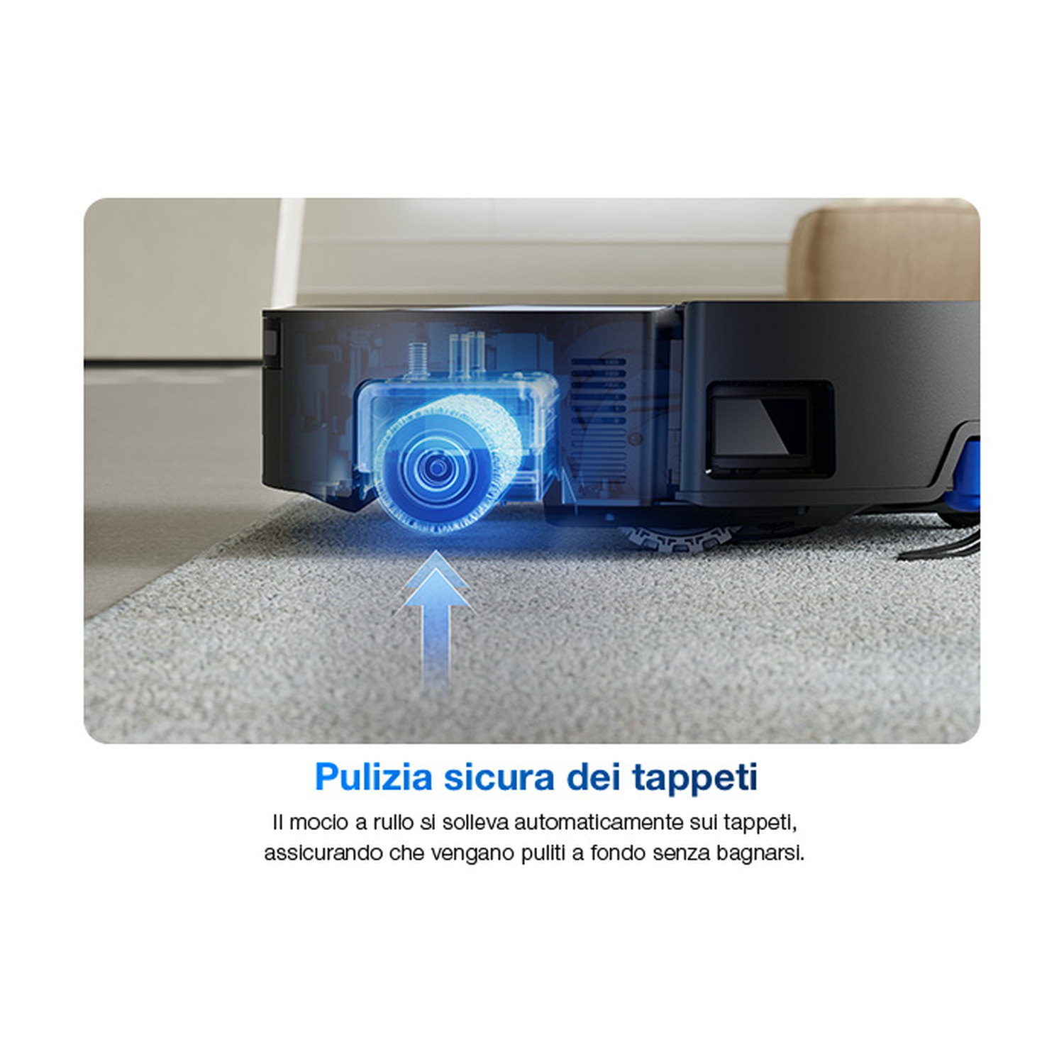 Un robot aspirapolvere solleva la spazzola sui tappeti per una pulizia profonda.
