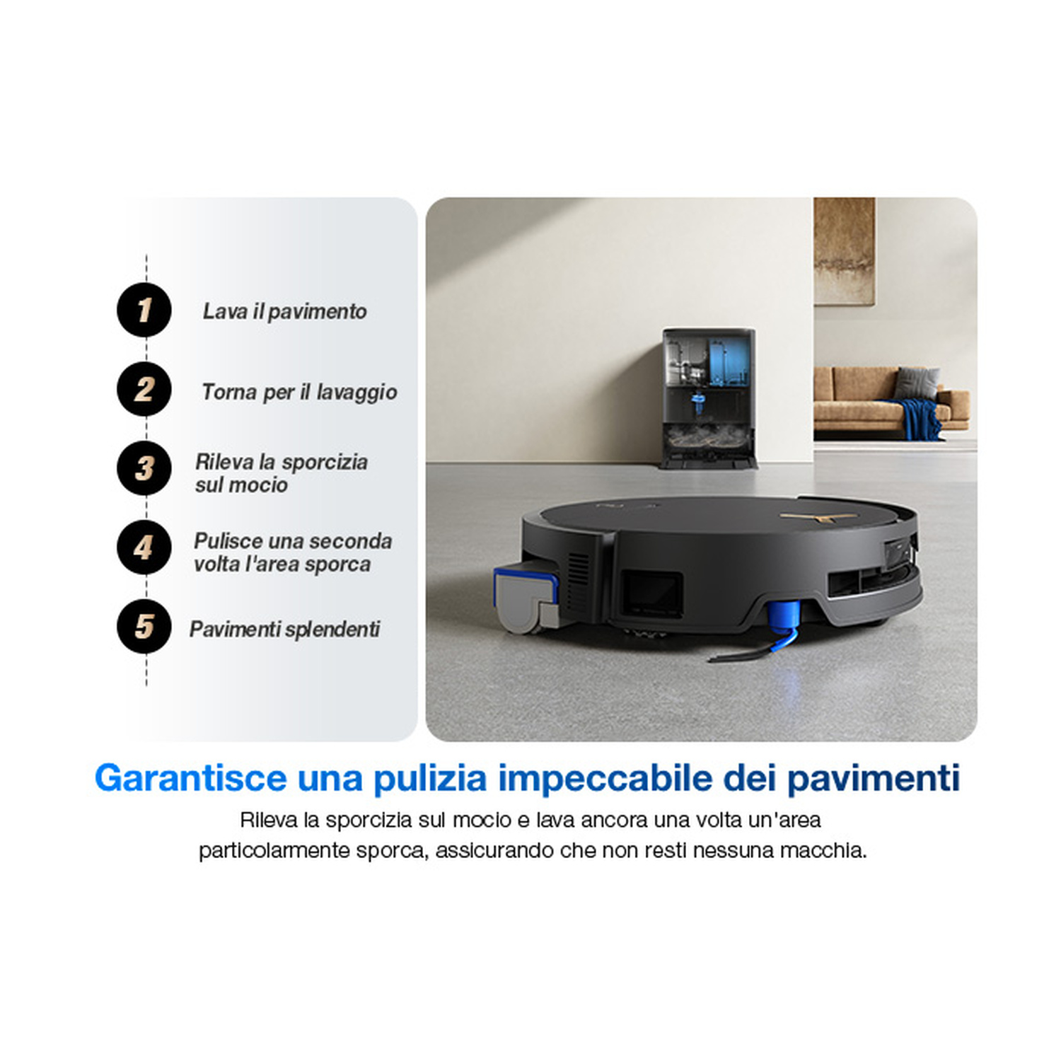 Un robot aspirapolvere nero con funzione lavaggio su pavimento grigio, vicino a base di ricarica e divano.