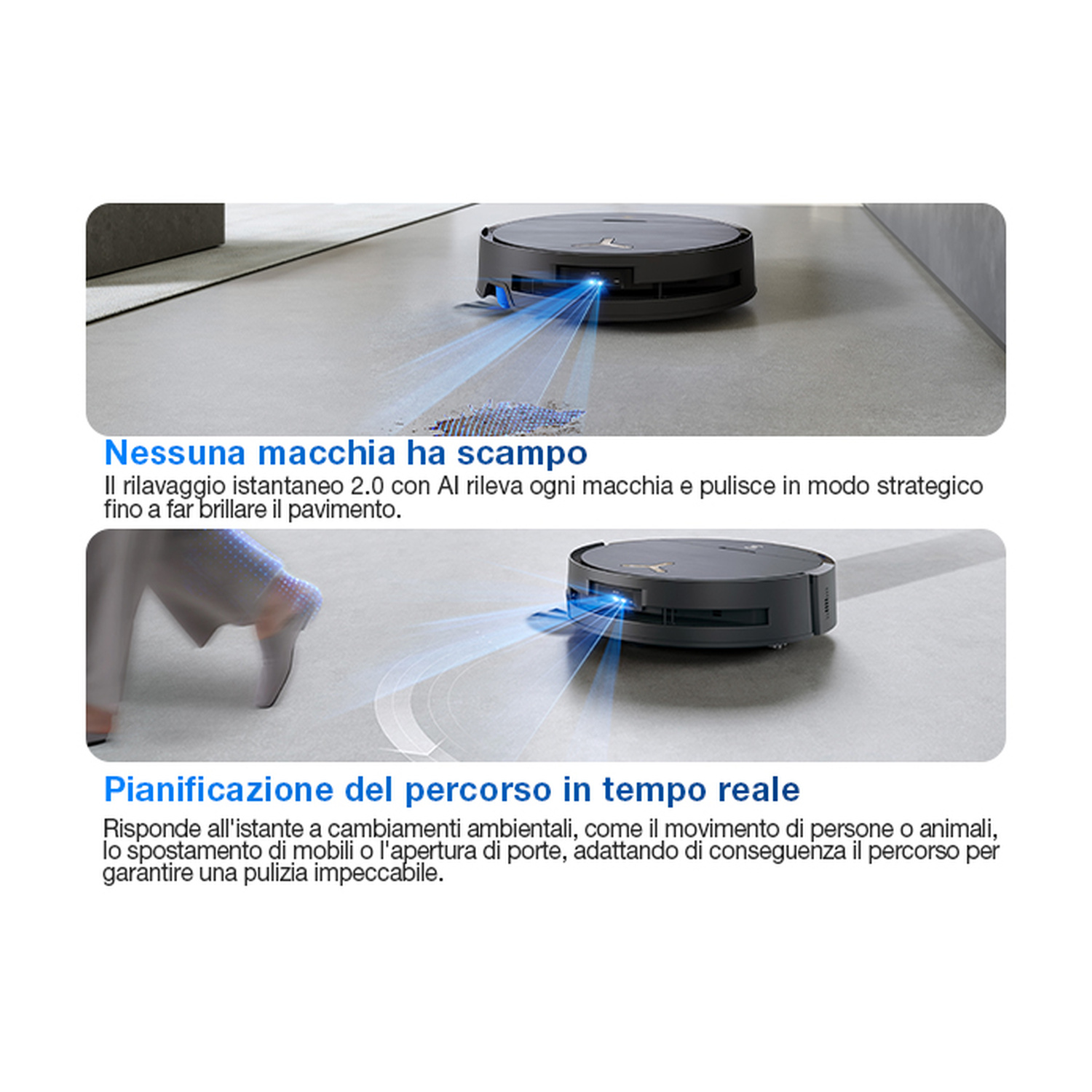 Un robot aspirapolvere pulisce il pavimento con raggi di luce blu.