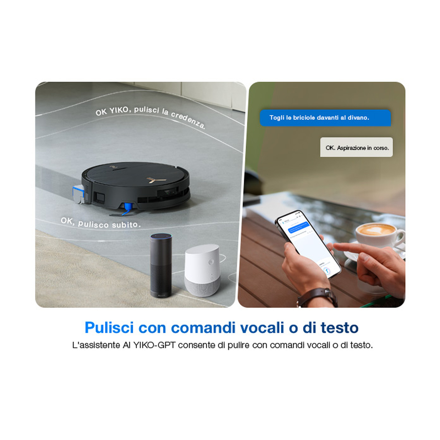 Un robot aspirapolvere e due assistenti vocali; un telefono con tazza.