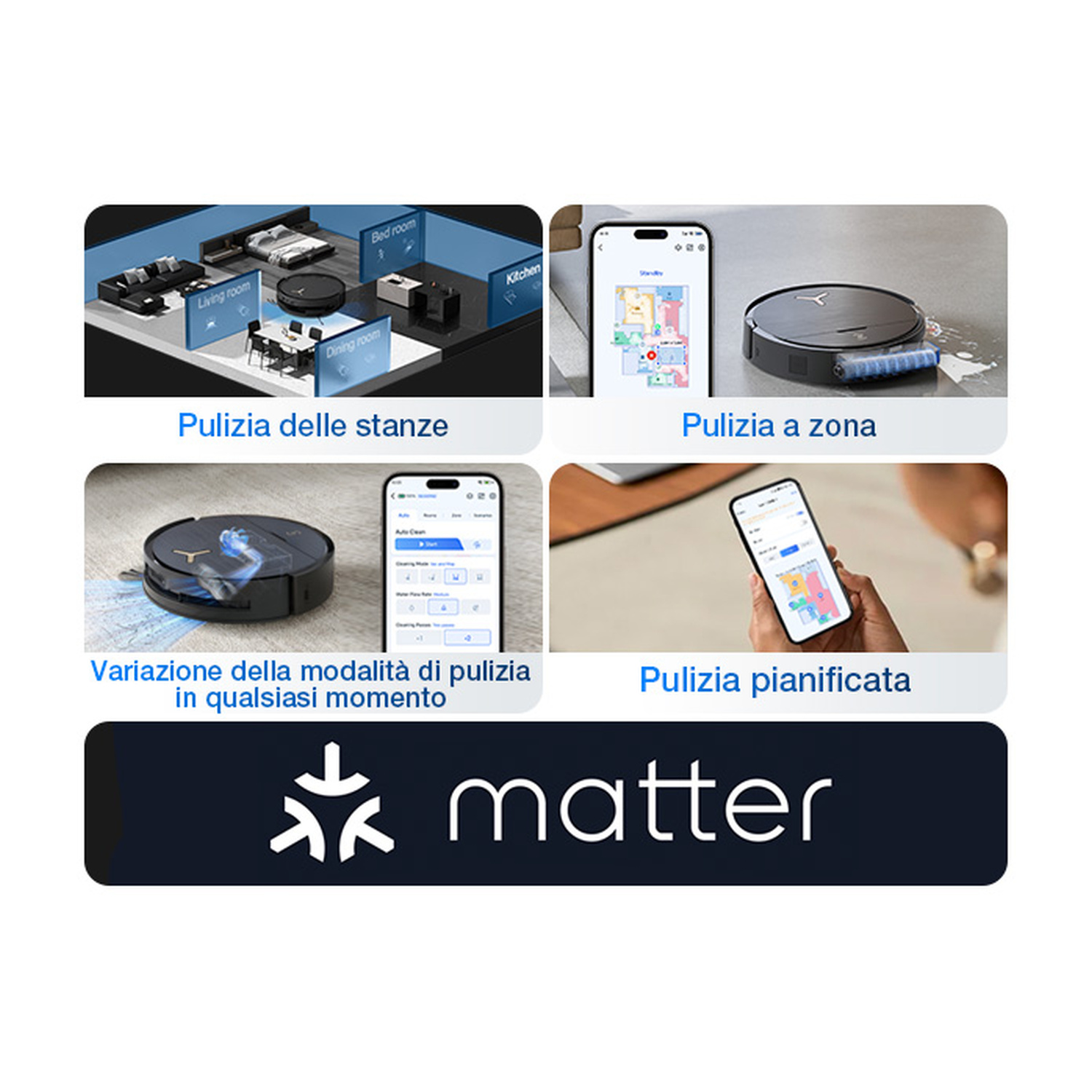 Robot aspirapolvere con controllo app per pulizia stanze, zone e pianificazione.