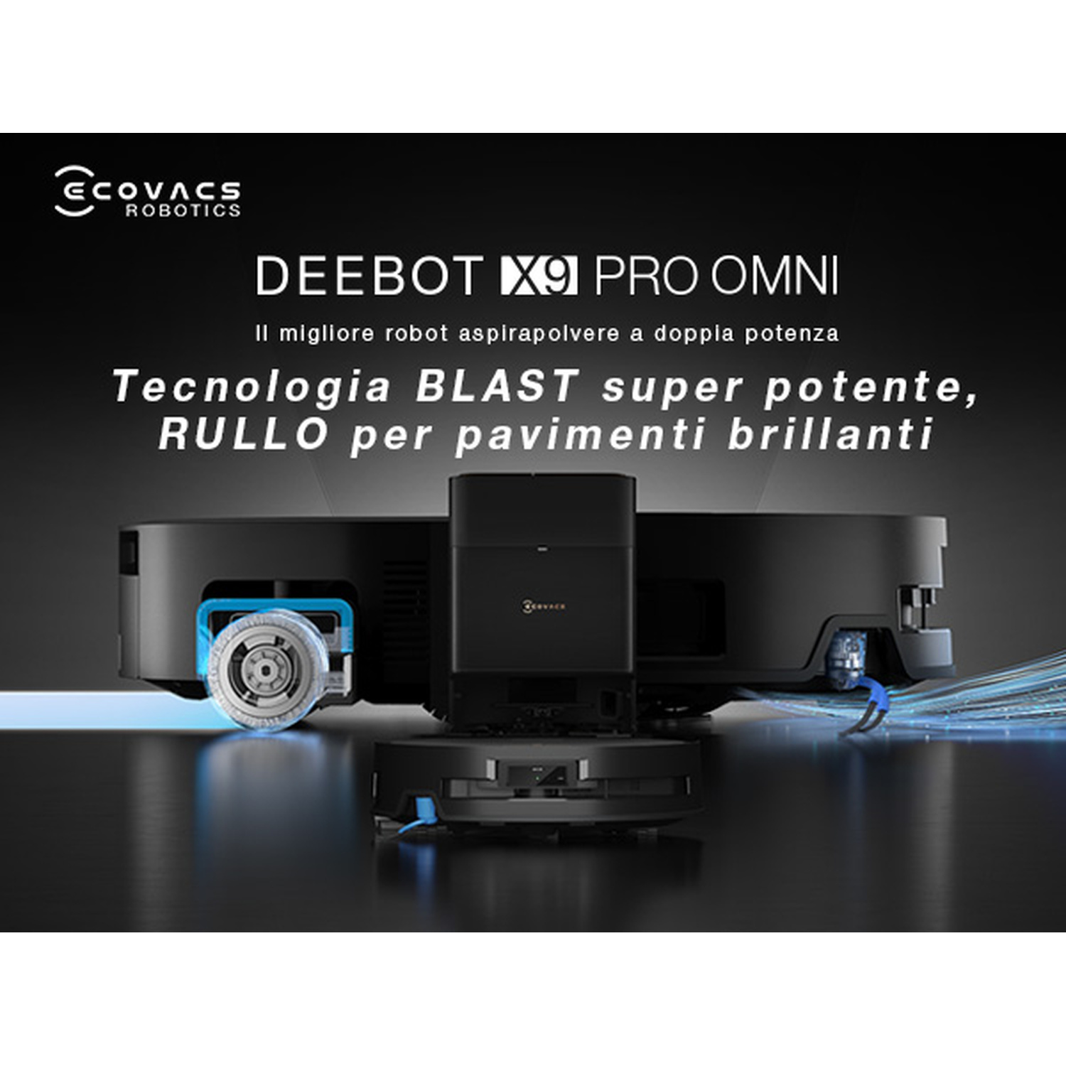 Un robot aspirapolvere nero con logo Ecovacs Robotics e testo.