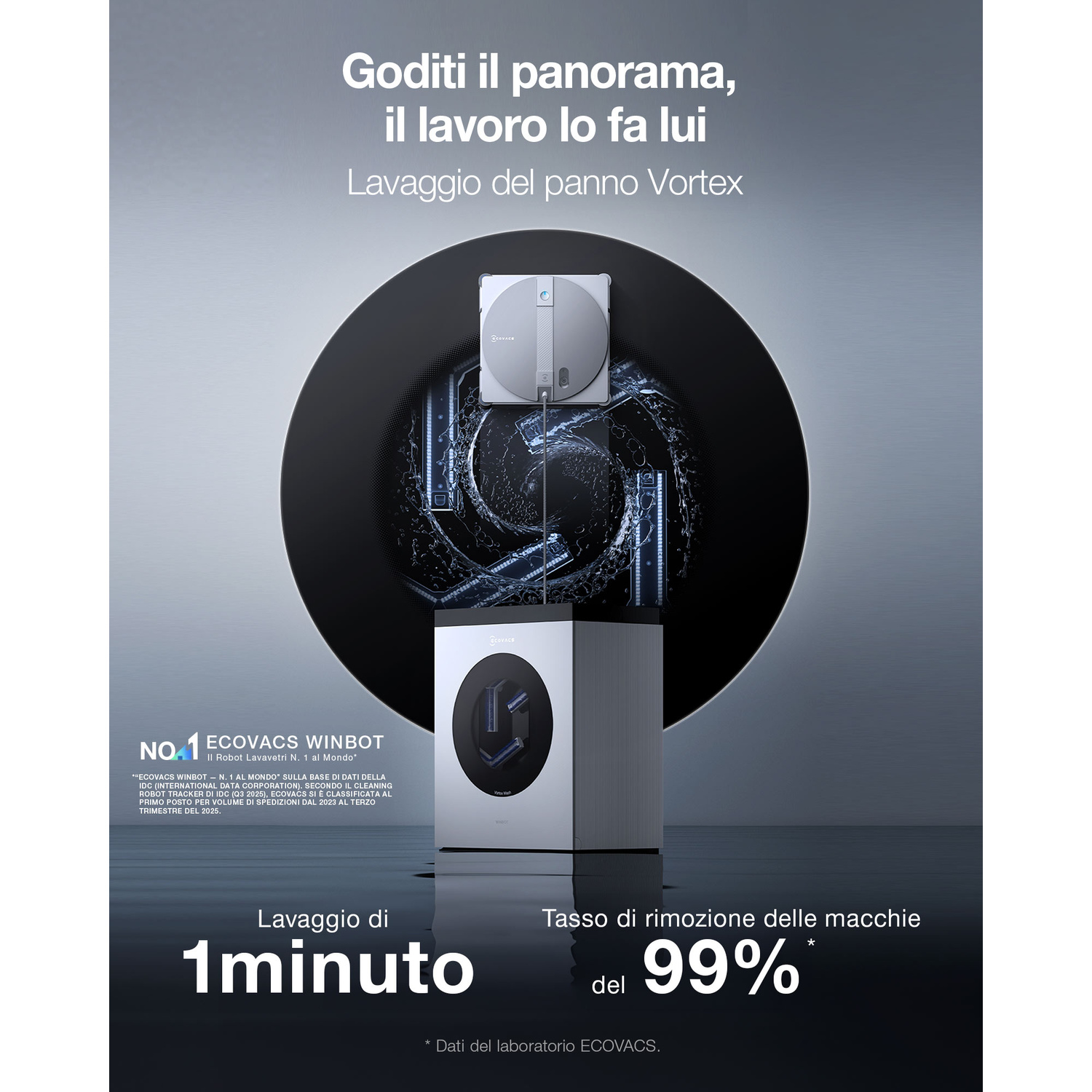 Un robot lavavetri e la sua base, che promuove la rimozione delle macchie.