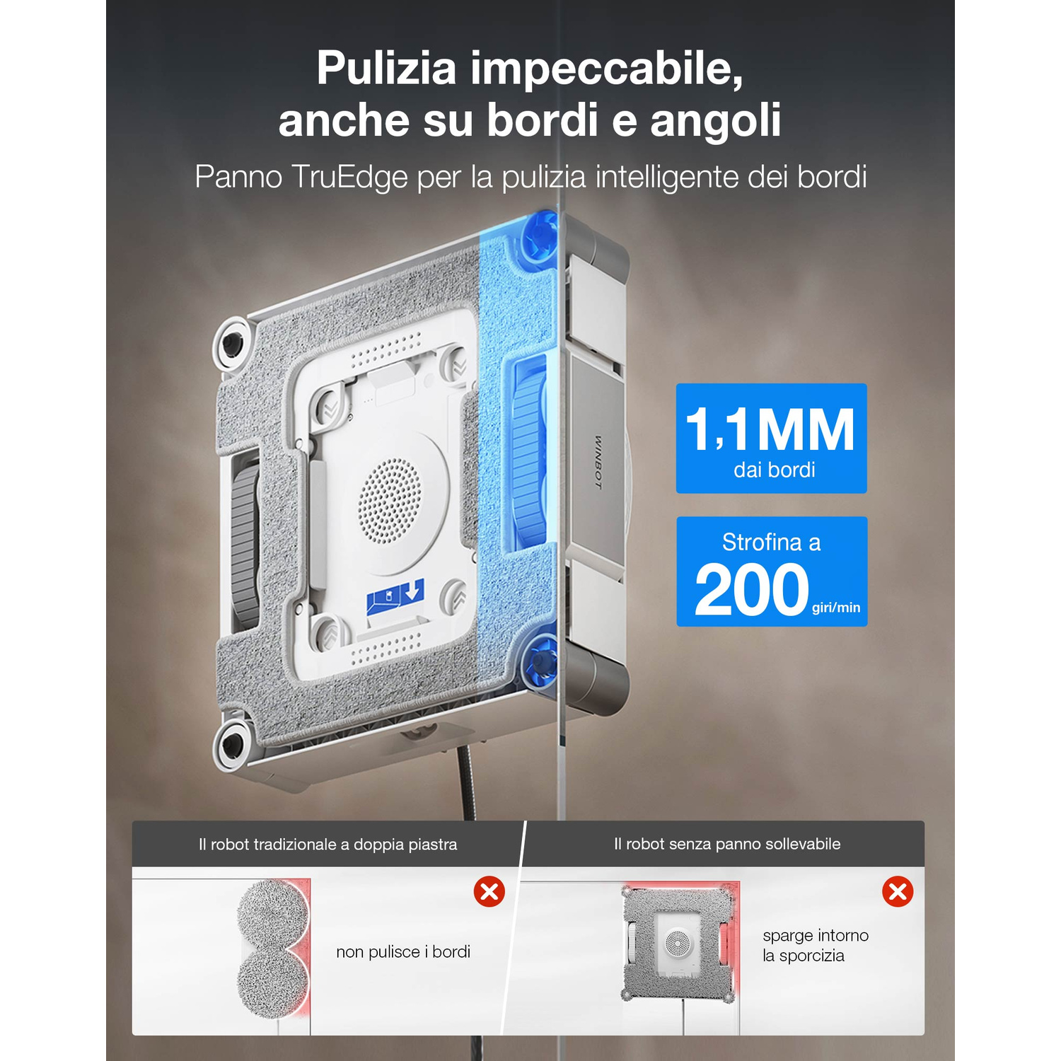 Un robot lavavetri con due pastiglie pulenti e display informativi.