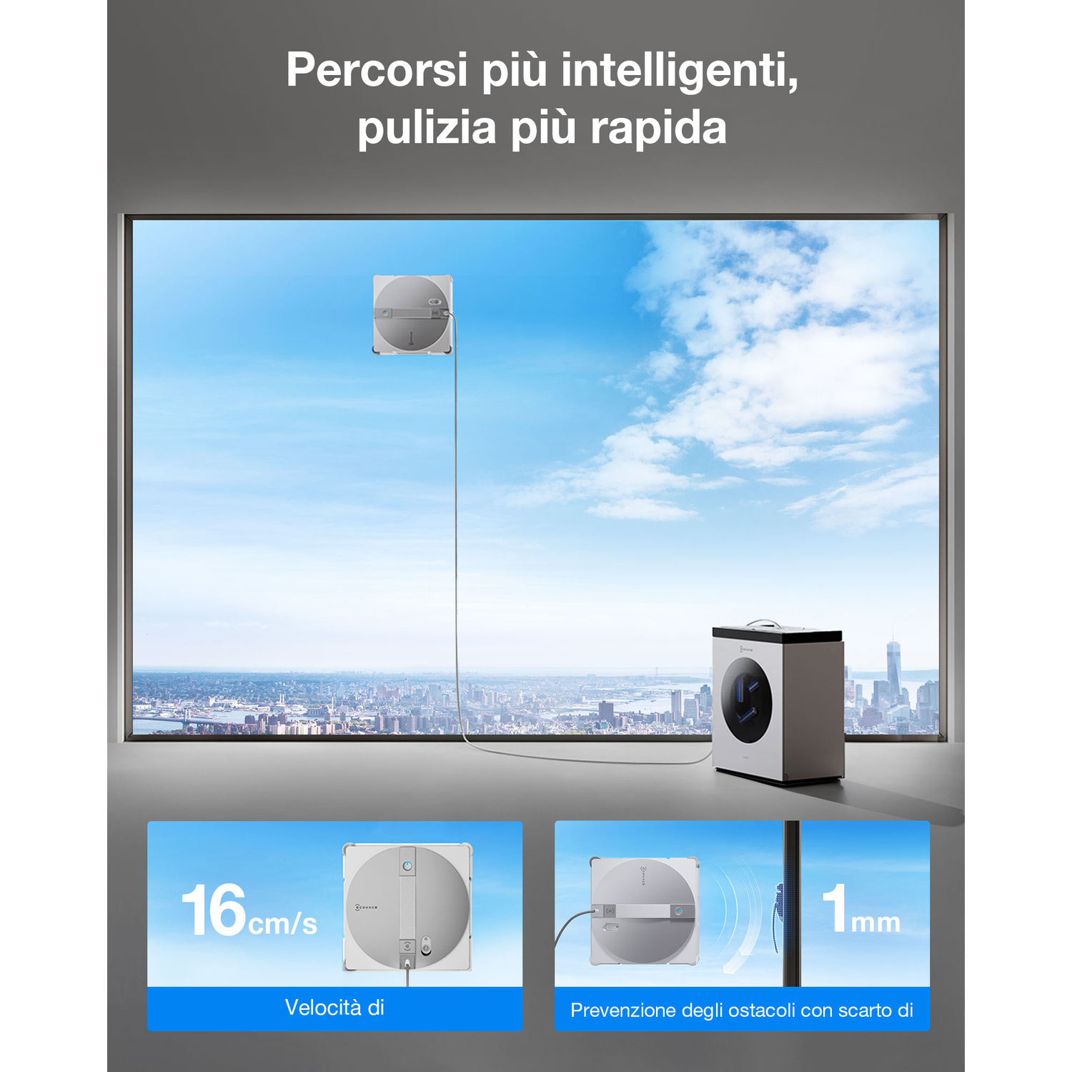 Un robot lavavetri pulisce una finestra con vista sulla città.