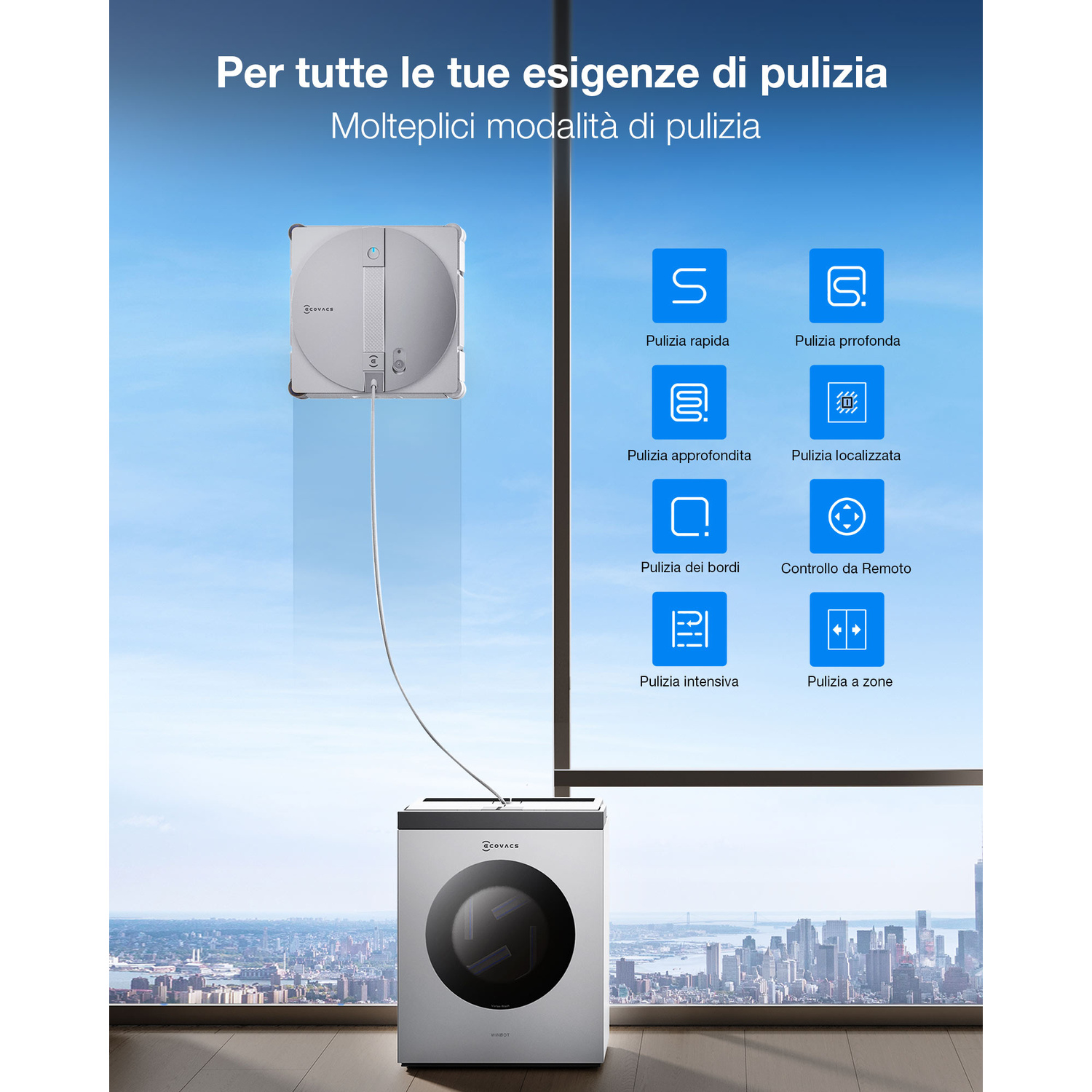 Robot lavavetri su una finestra, accanto un dispositivo con varie modalità di pulizia.