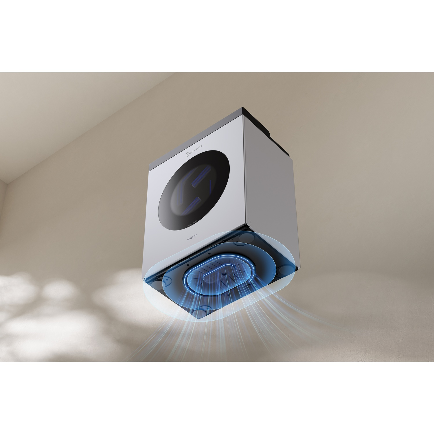 Un robot bianco appeso a una parete aspira aria.