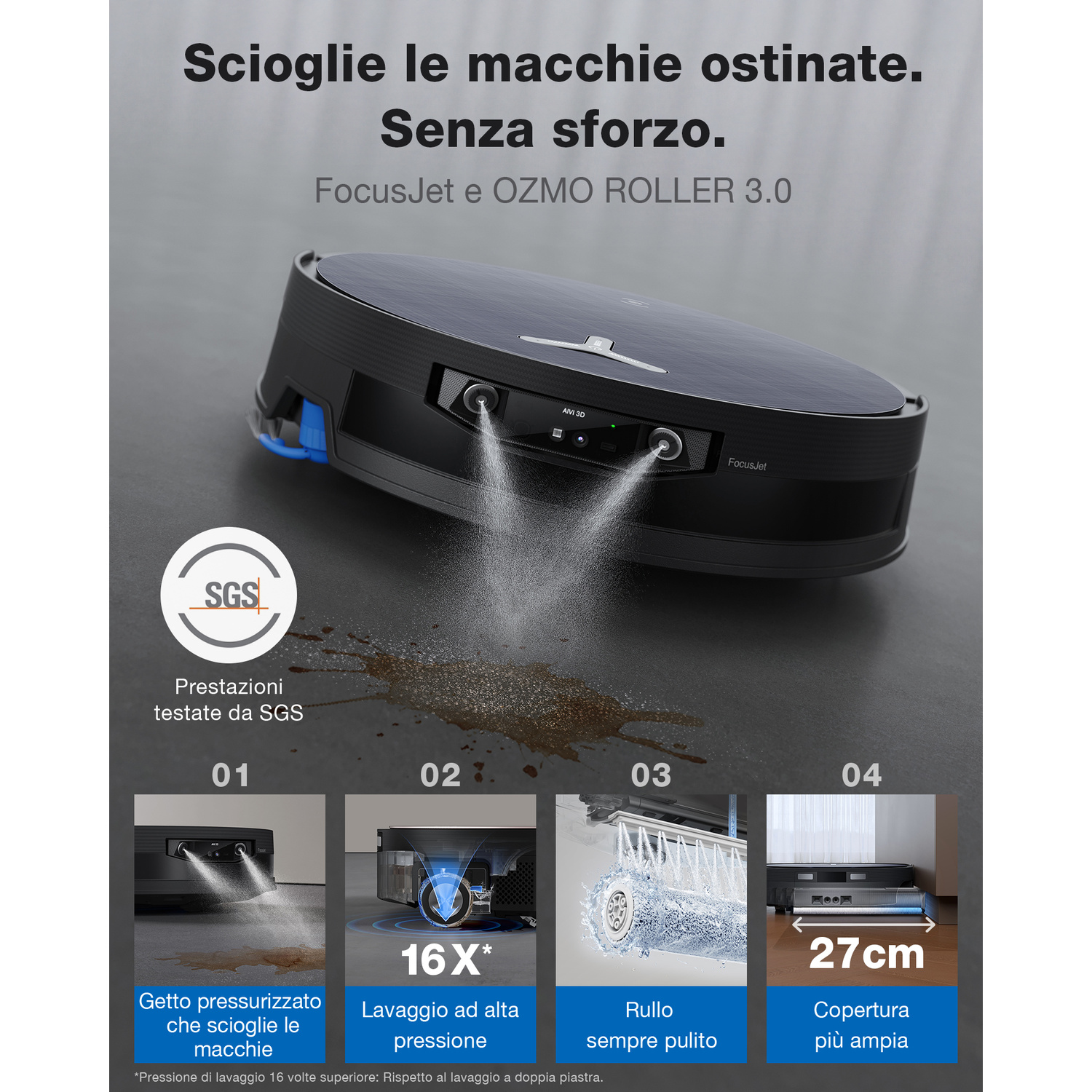 Robot aspirapolvere nero spruzza acqua su pavimento sporco. Mostra diverse modalità.