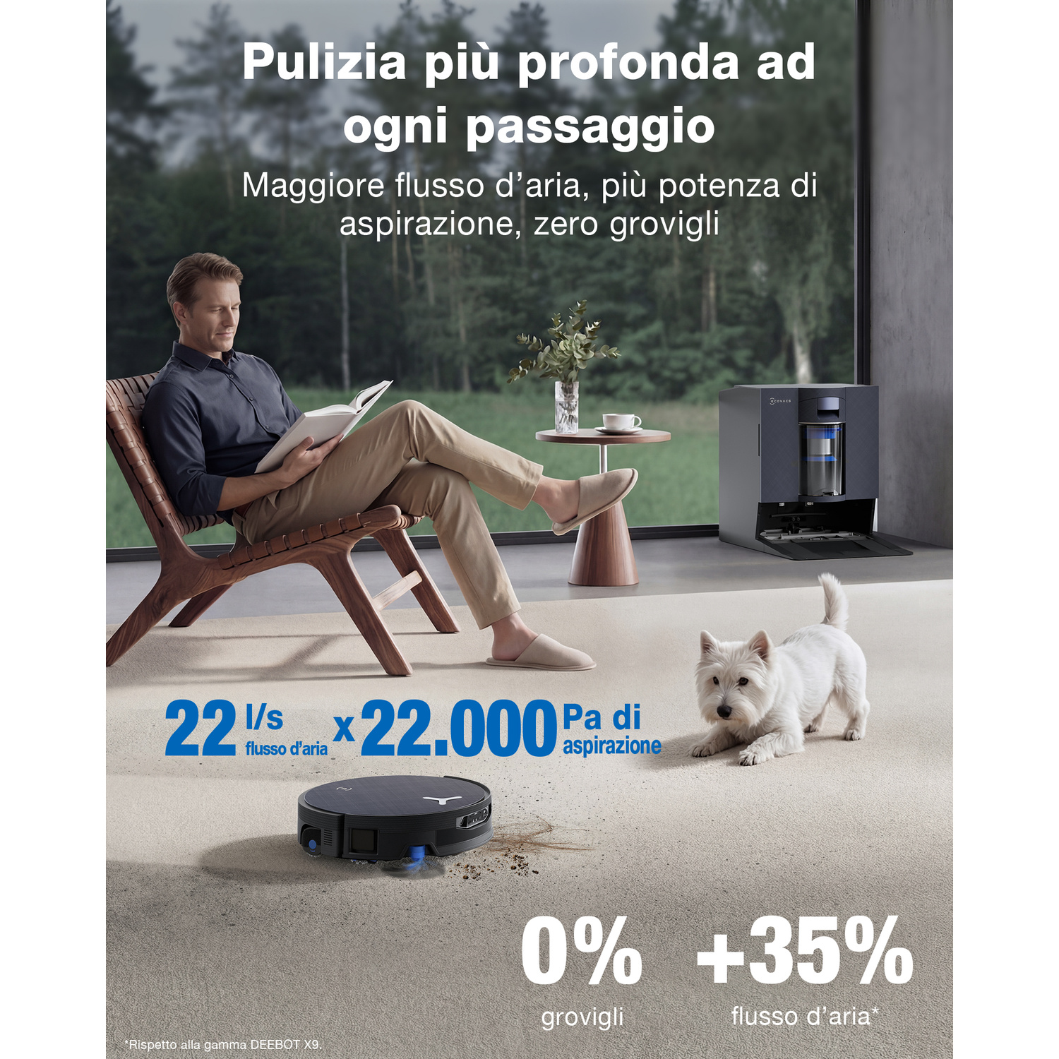 Un uomo legge un libro mentre un robot aspirapolvere e un cane sono su un tappeto.