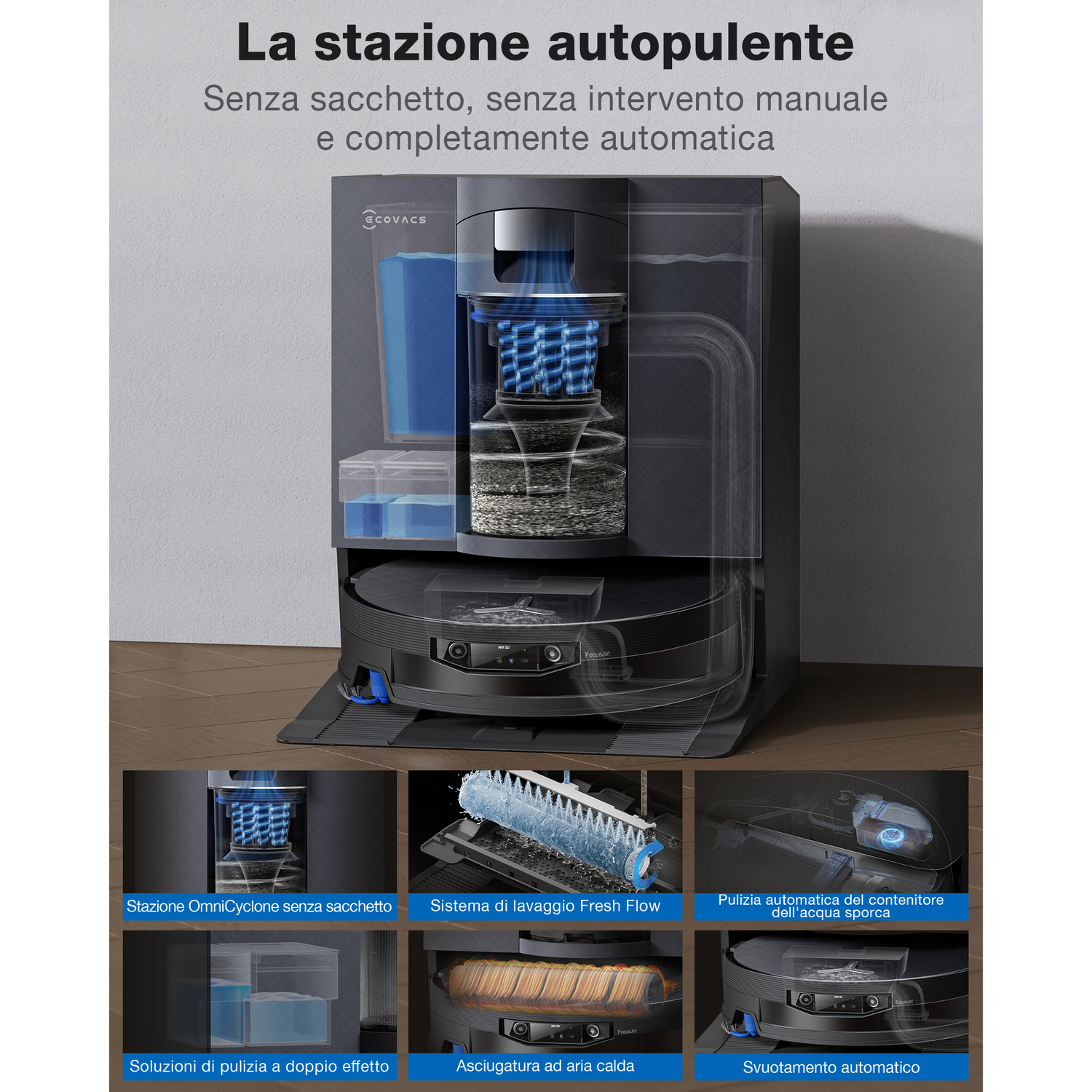Stazione autopulente di un robot aspirapolvere con varie funzioni di pulizia.