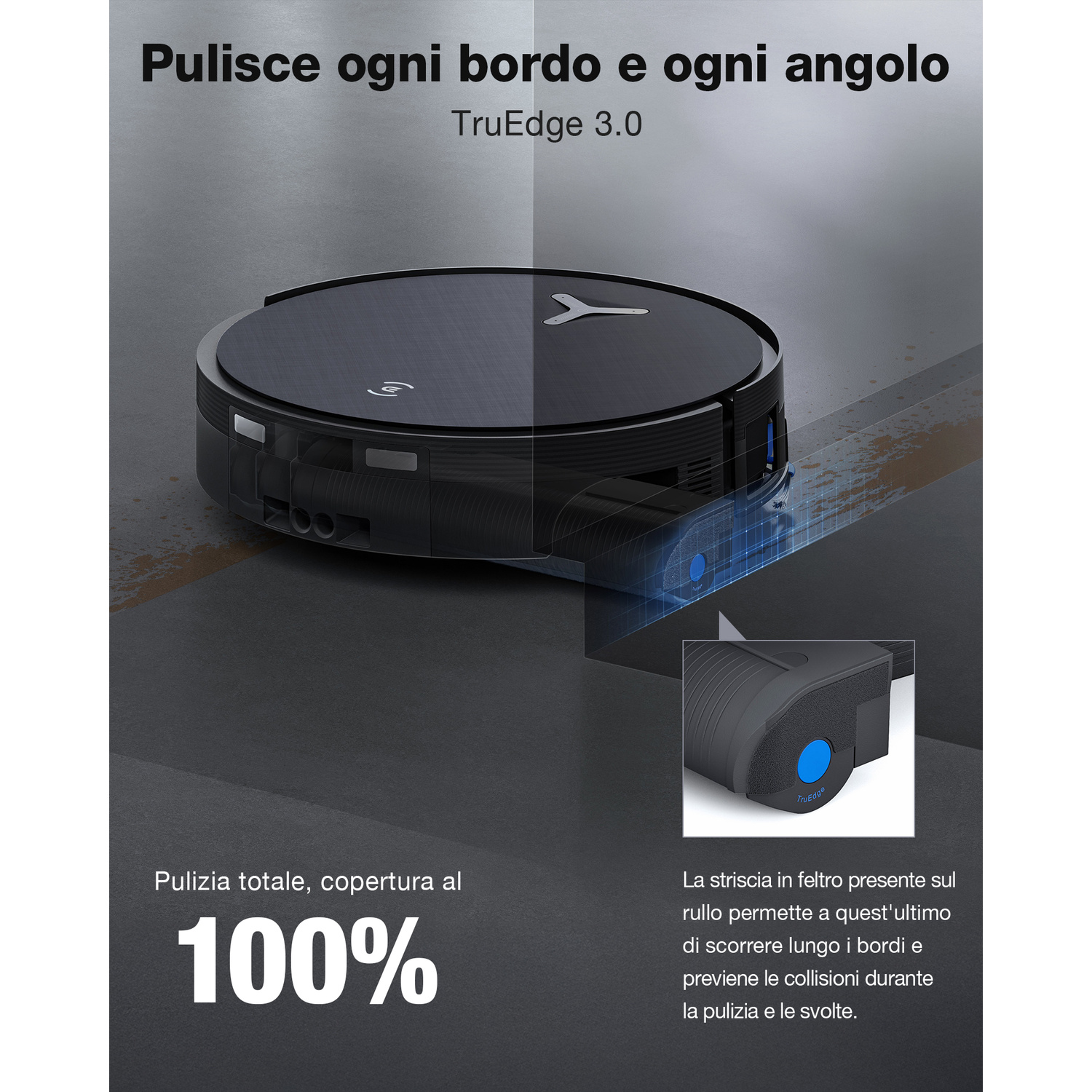 Un robot aspirapolvere nero su pavimento scuro, pulisce bordi e angoli.