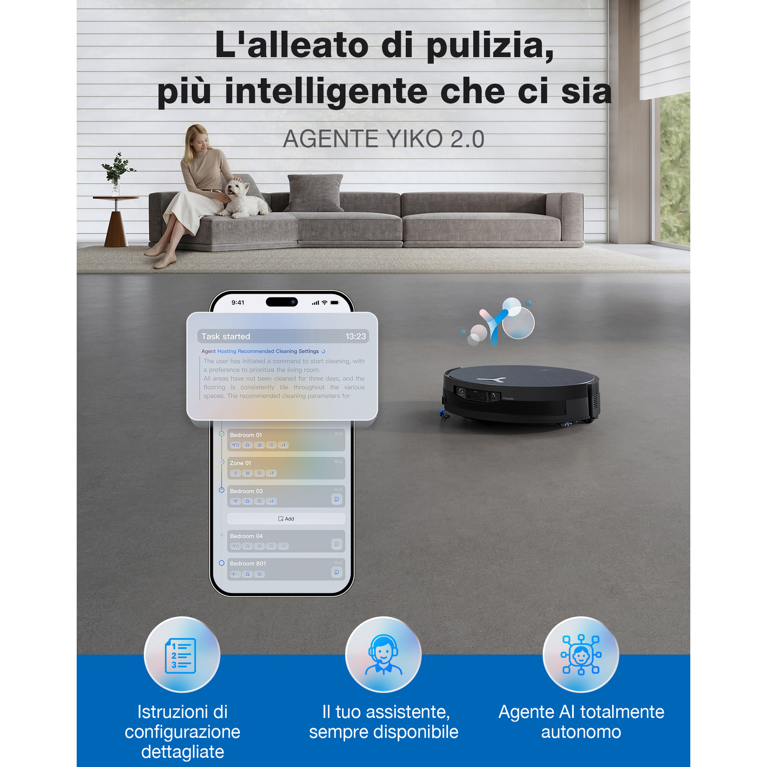 Un robot aspirapolvere sul pavimento, accanto a uno smartphone che mostra un programma di pulizia.