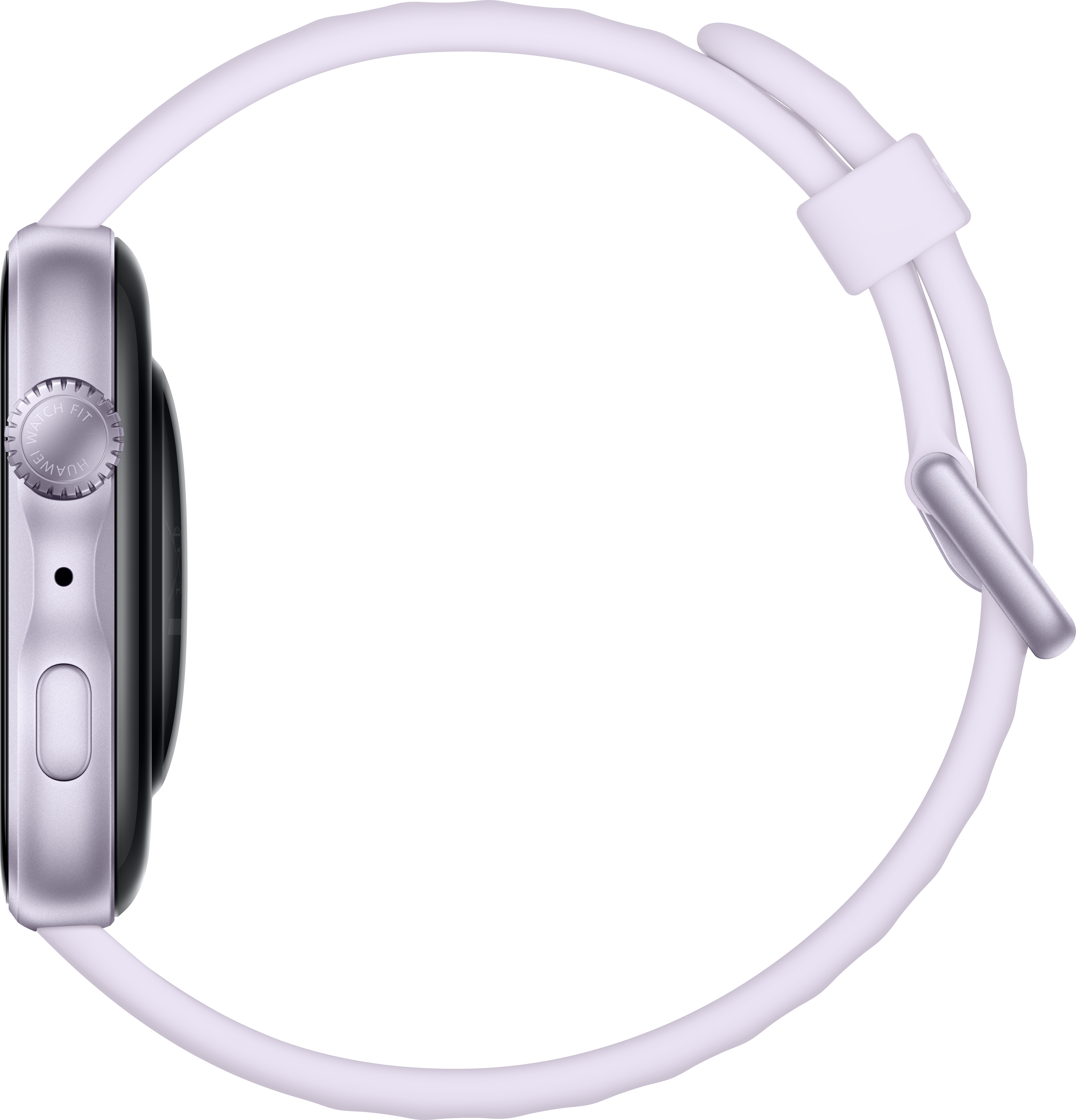 Silberne Smartwatch mit weißem Armband auf schwarzem Hintergrund.