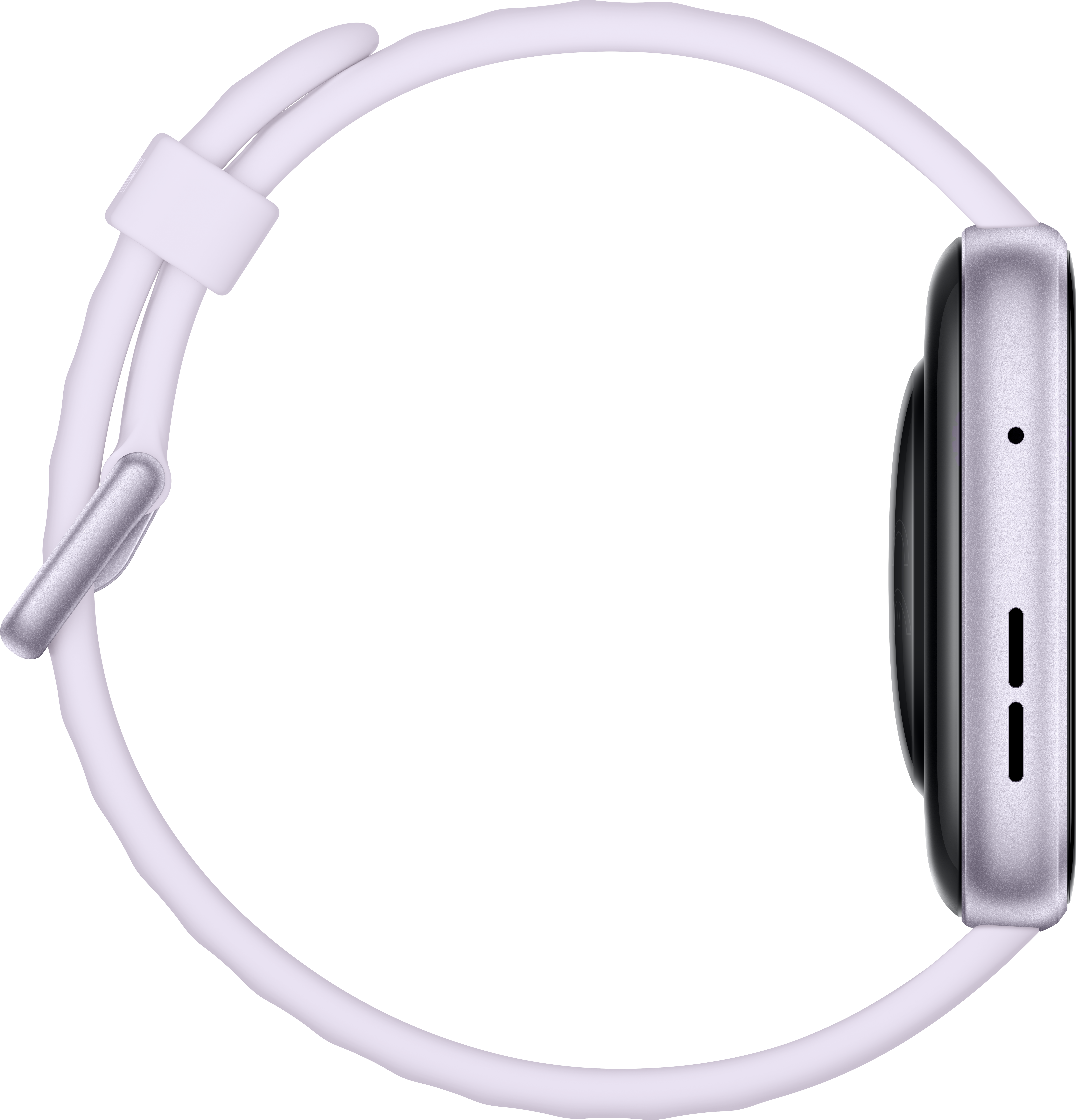Ein silbernes Smartwatch-Gehäuse mit weißem Armband auf schwarzem Hintergrund.