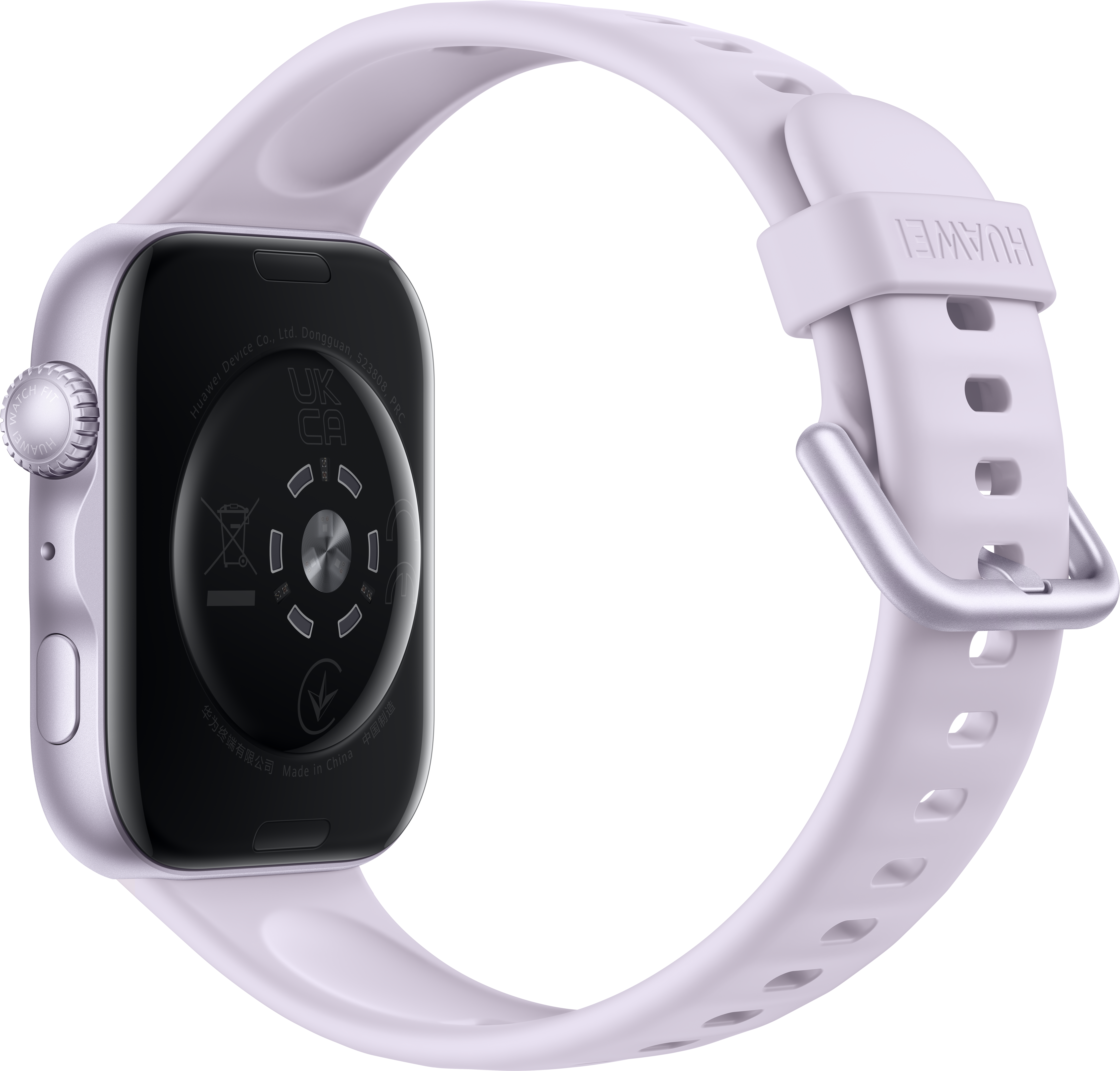 Ein hellviolettes Huawei Smartwatch-Gehäuse mit Rückseite und Band.