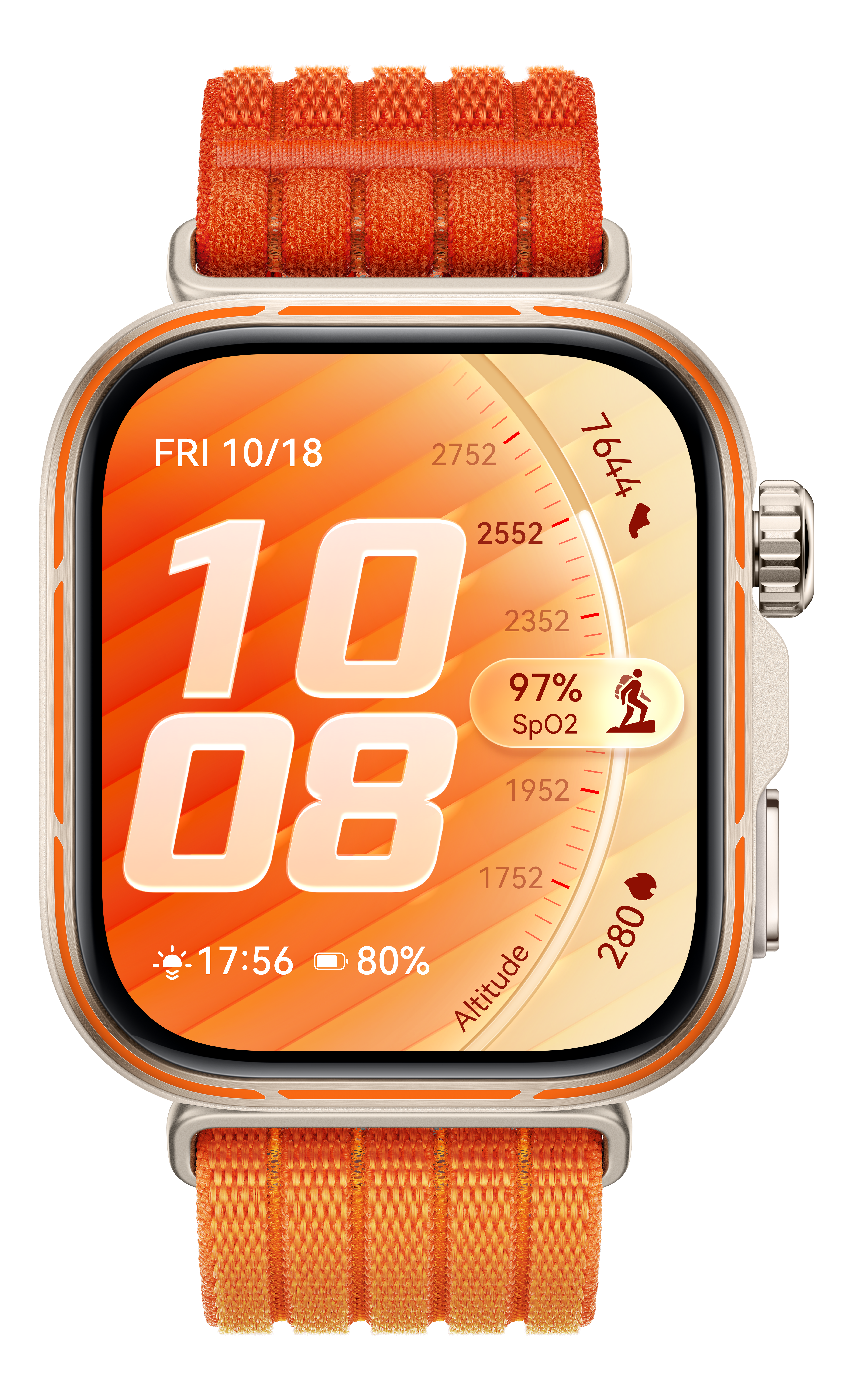 Une montre connectée orange avec boîtier argenté et grand écran numérique.