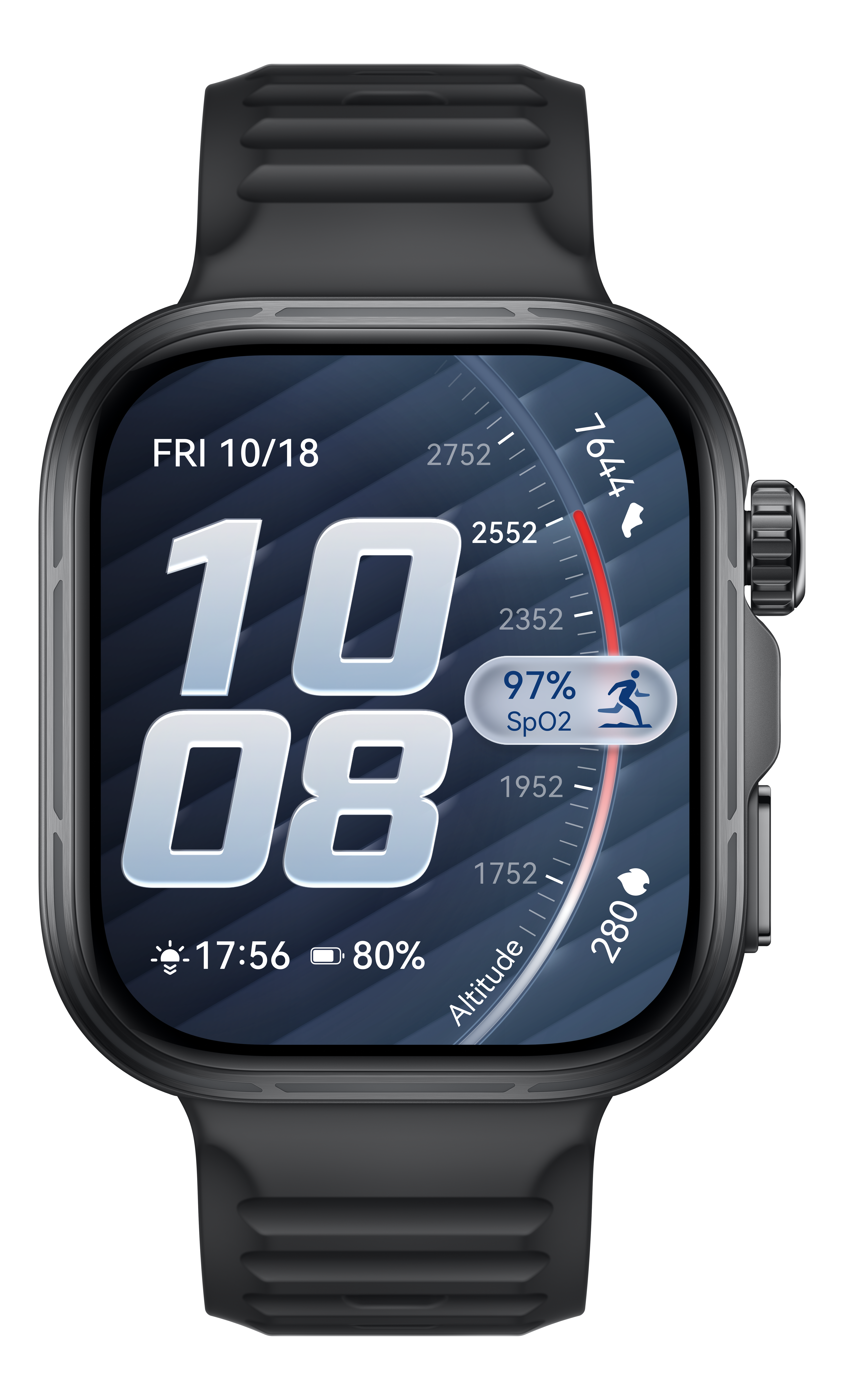Graue Smartwatch mit dunklem Zifferblatt. Zeigt 10:08 Uhr, 97% SpO2, 17:56 Uhr, 80% Akku.