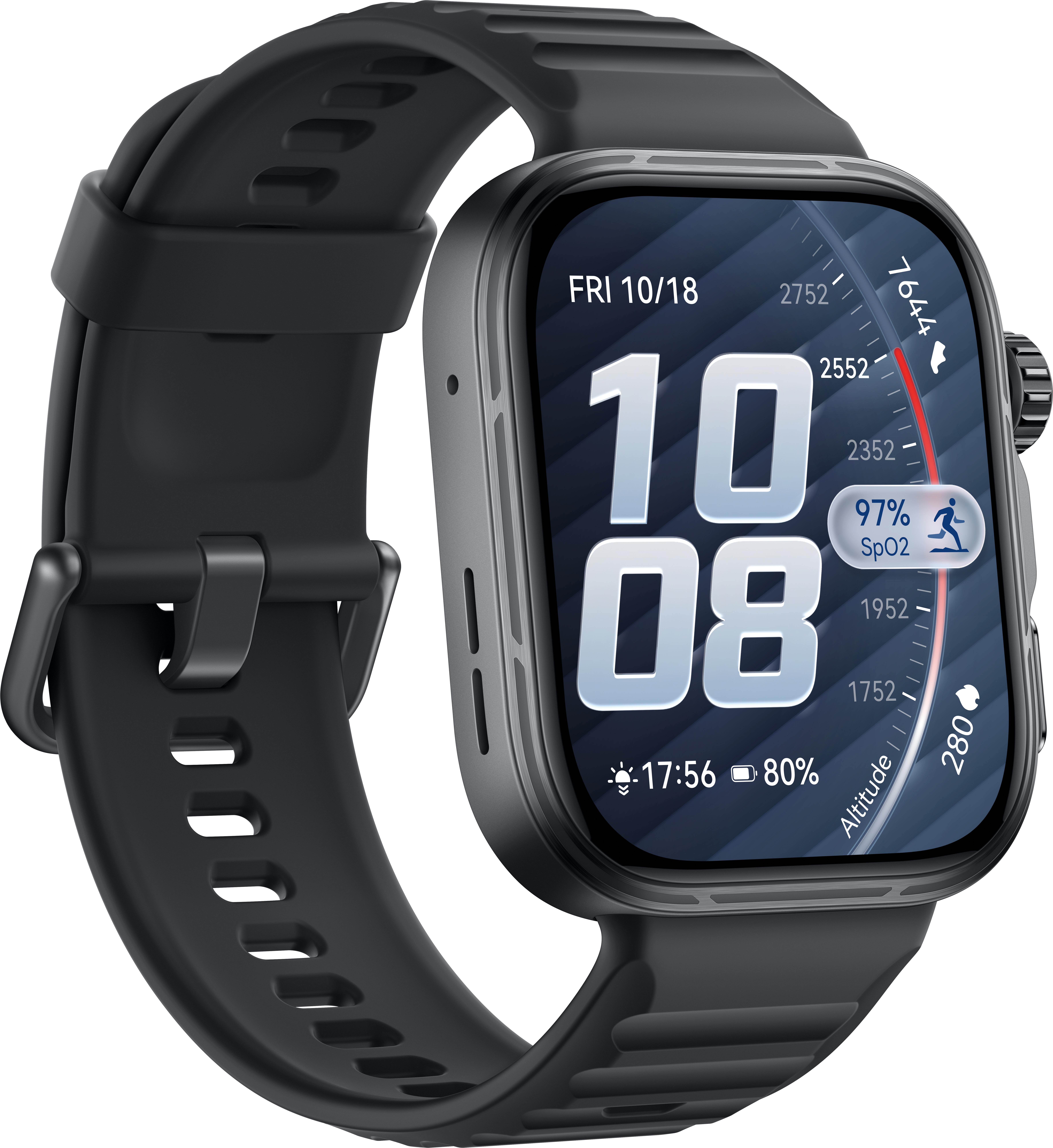 Eine schwarze Smartwatch mit dunklem Zifferblatt zeigt 10:08 Uhr, 97 % SpO2 und 80 % Akku.