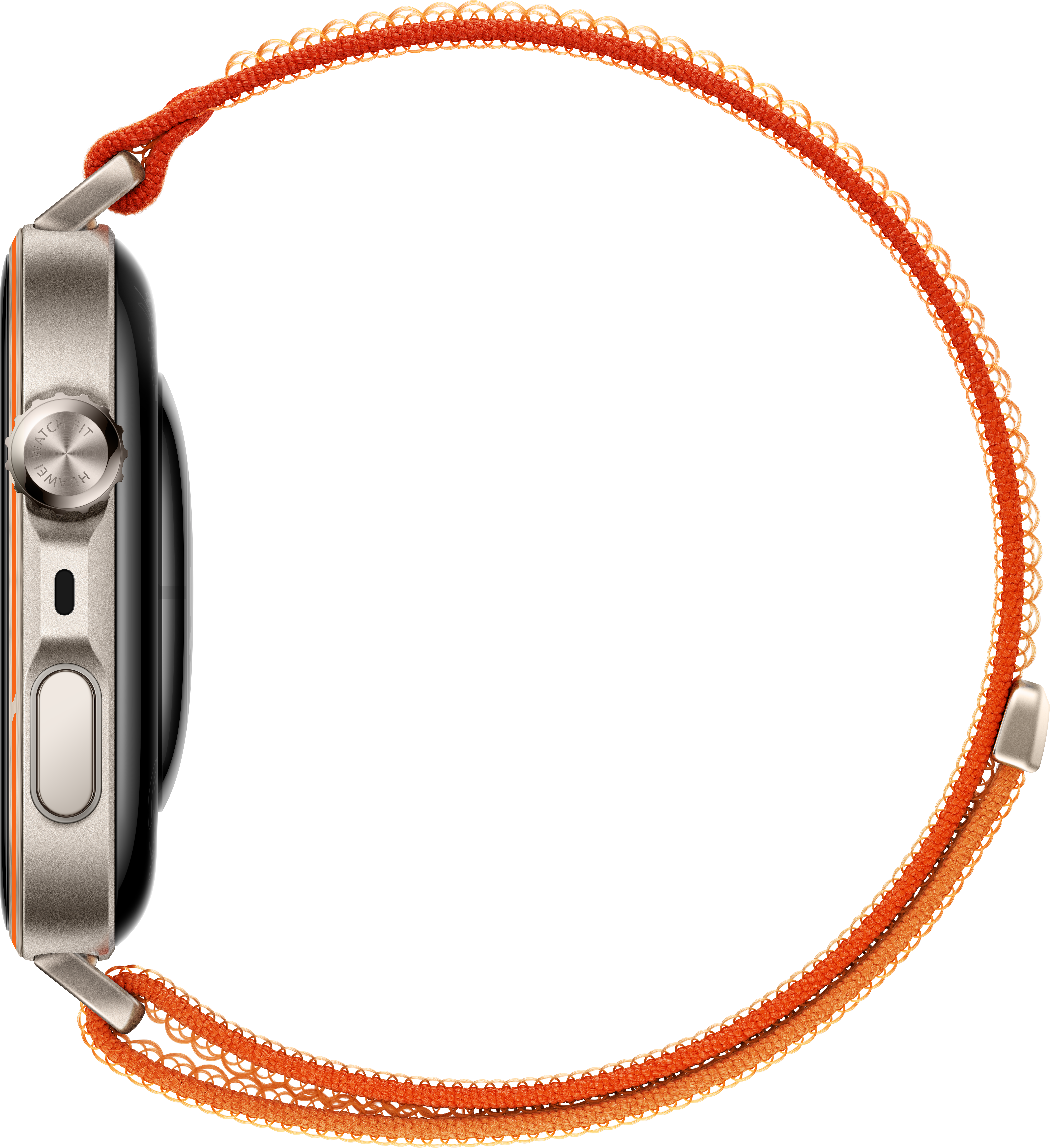 Gros plan d'une montre connectée avec boîtier argenté et bracelet orange.