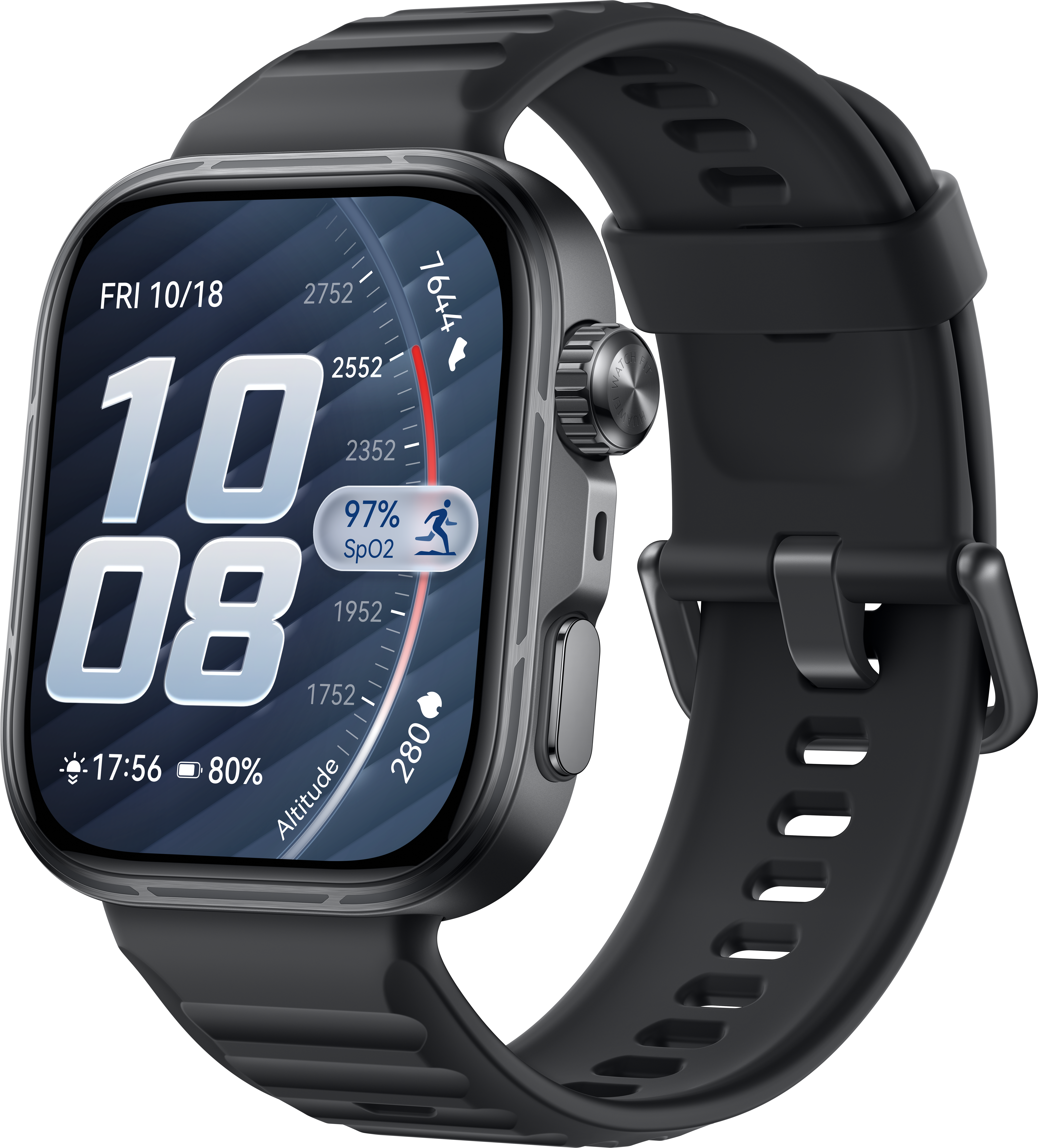 Schwarze Smartwatch mit großem Zifferblatt zeigt 10:08, 97% SpO2.
