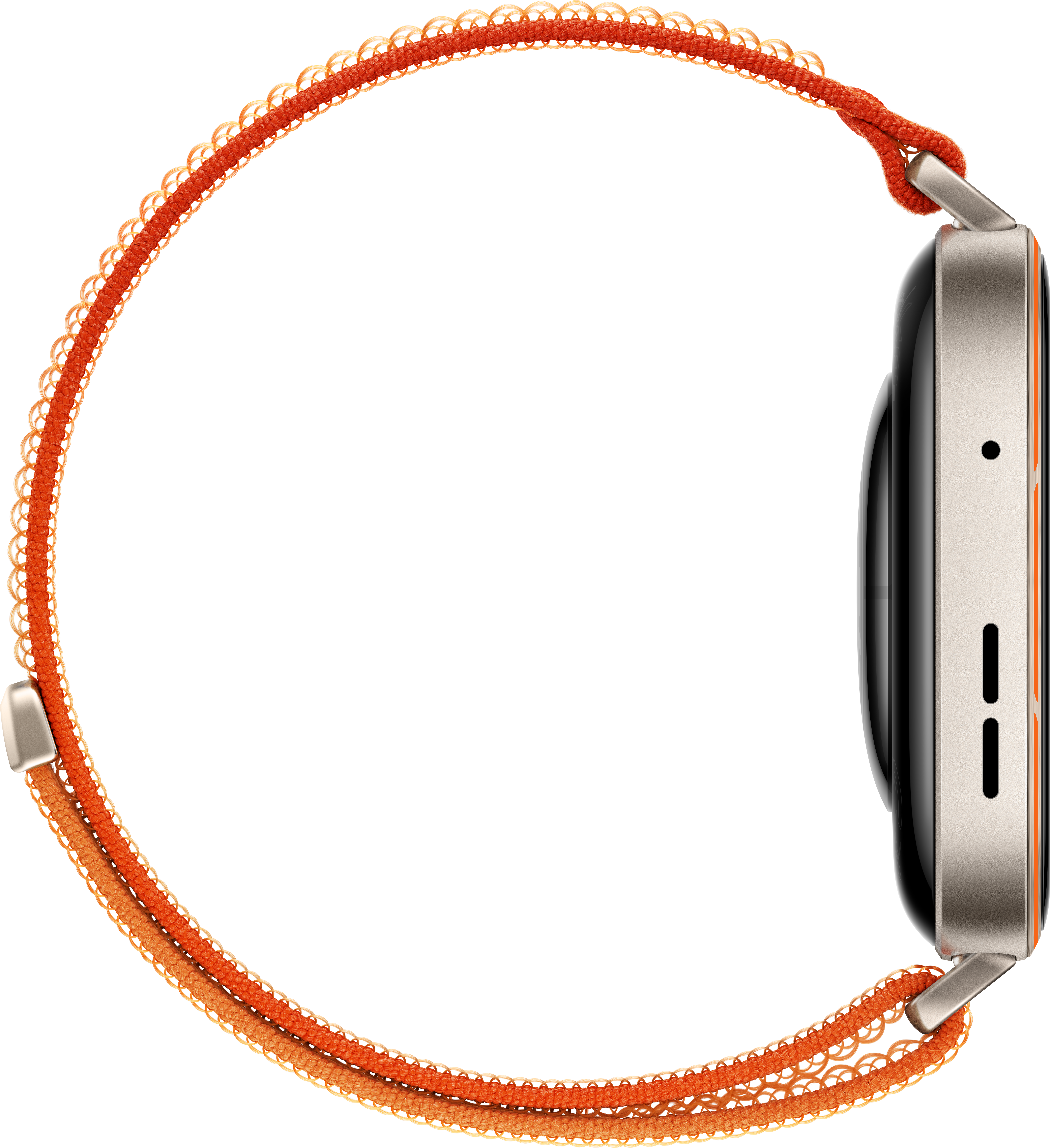 Montre connectée grise avec bracelet en tissu orange, vue latérale.