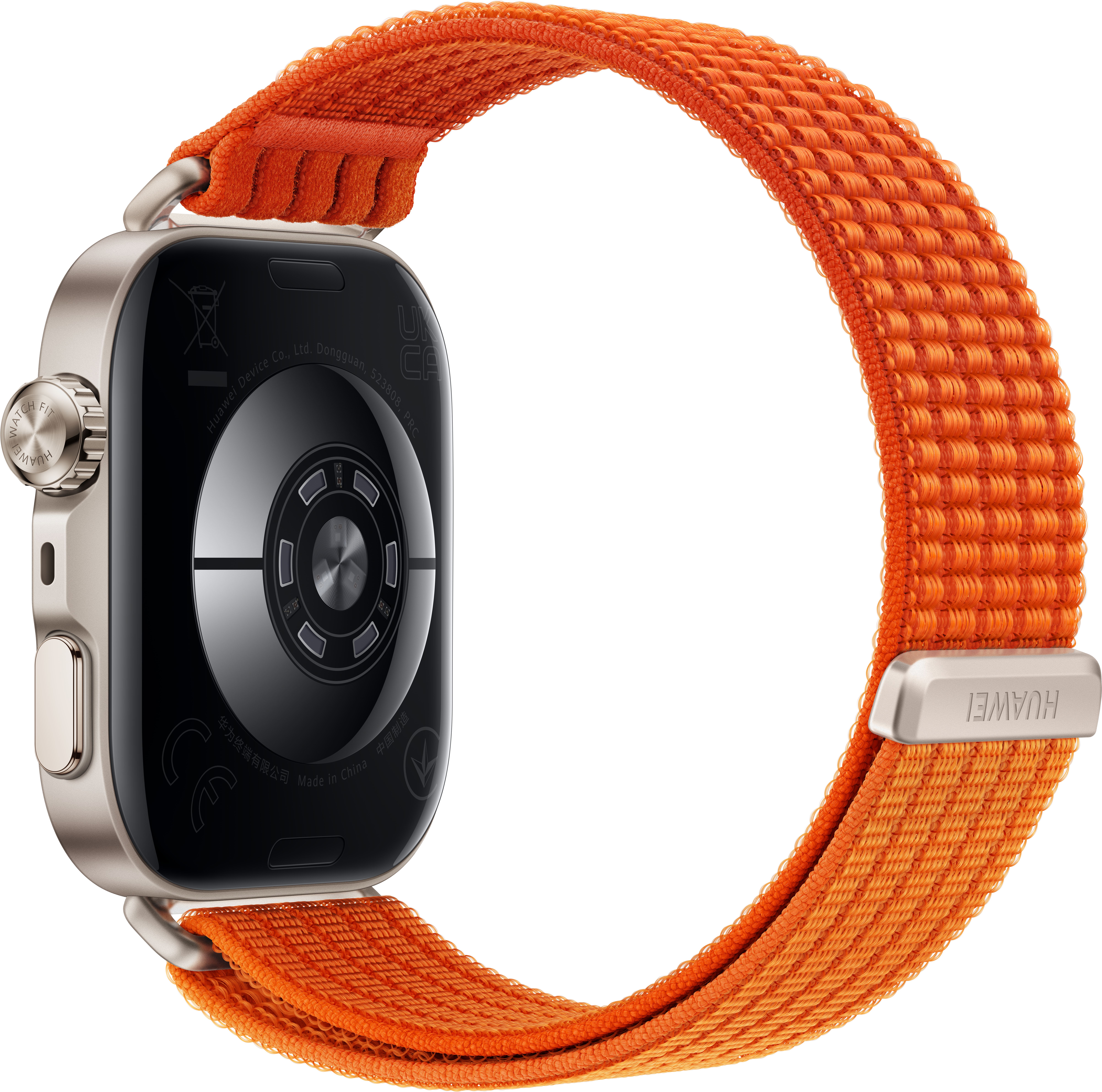 Dos d'une montre connectée argentée avec bracelet en tissu orange et logo Huawei.