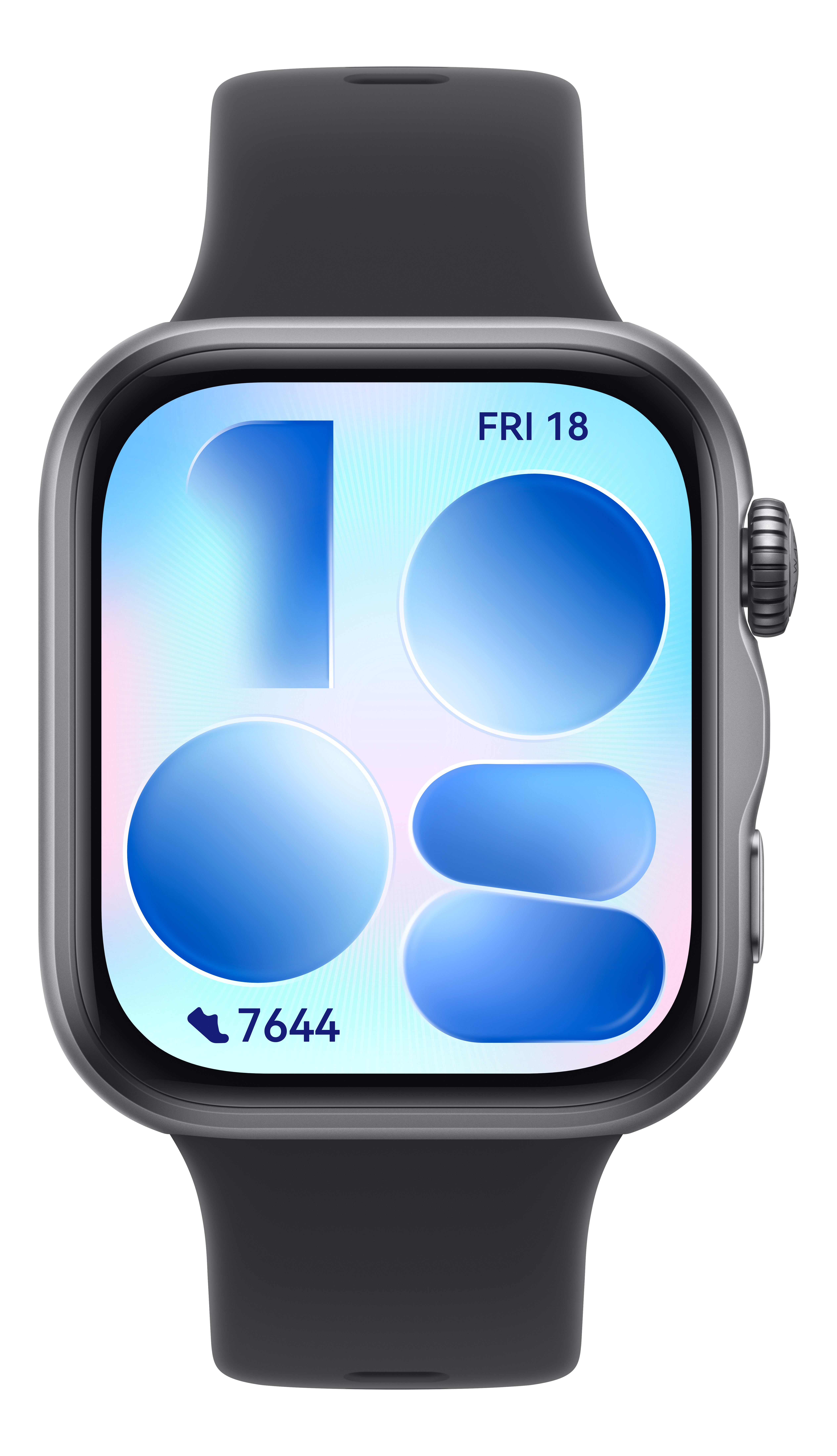 Graue Smartwatch mit bunter Anzeige: FRI 18, 7644 Schritte.