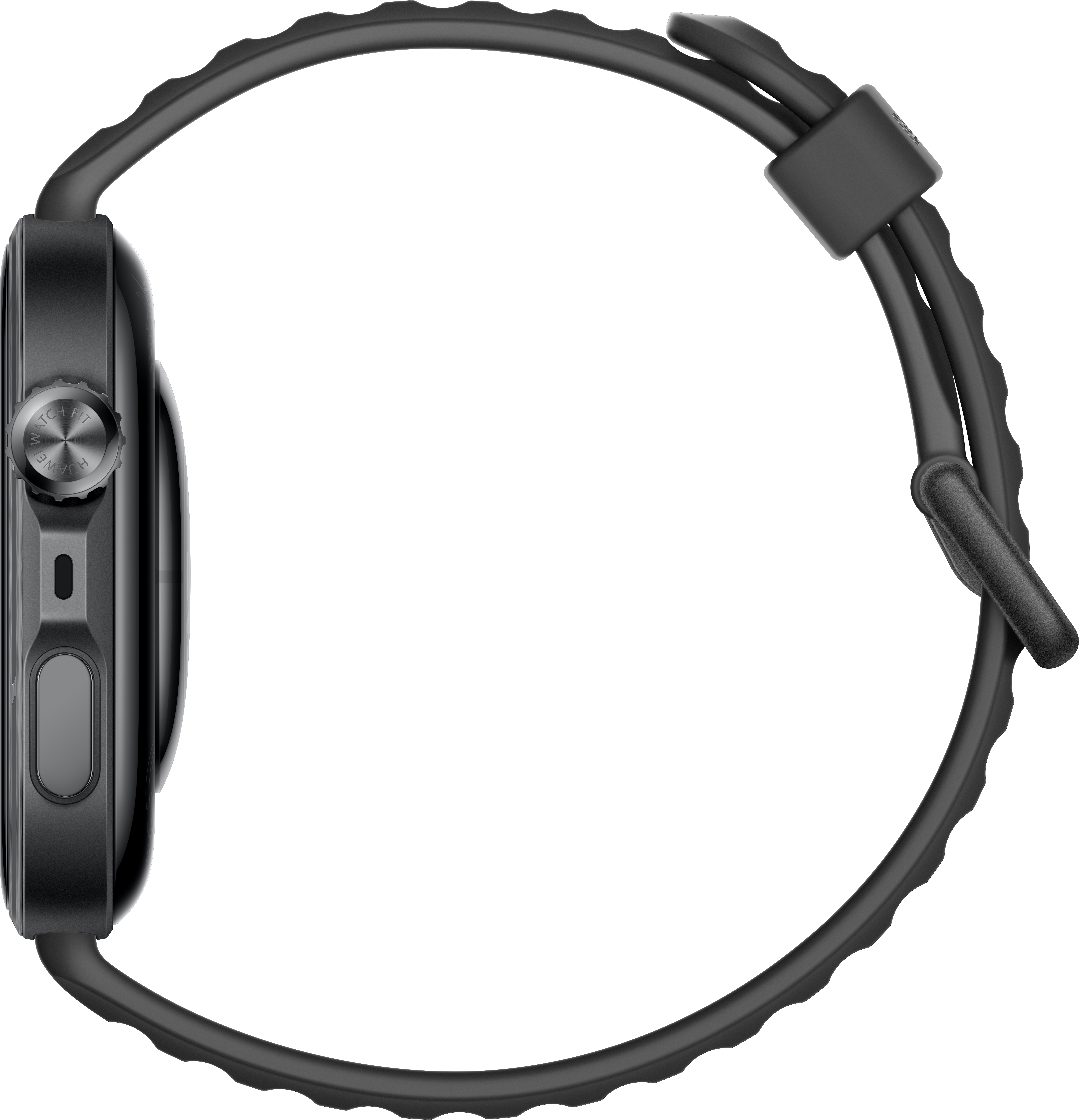Graue Smartwatch mit schwarzem Band im Profil auf schwarzem Hintergrund.