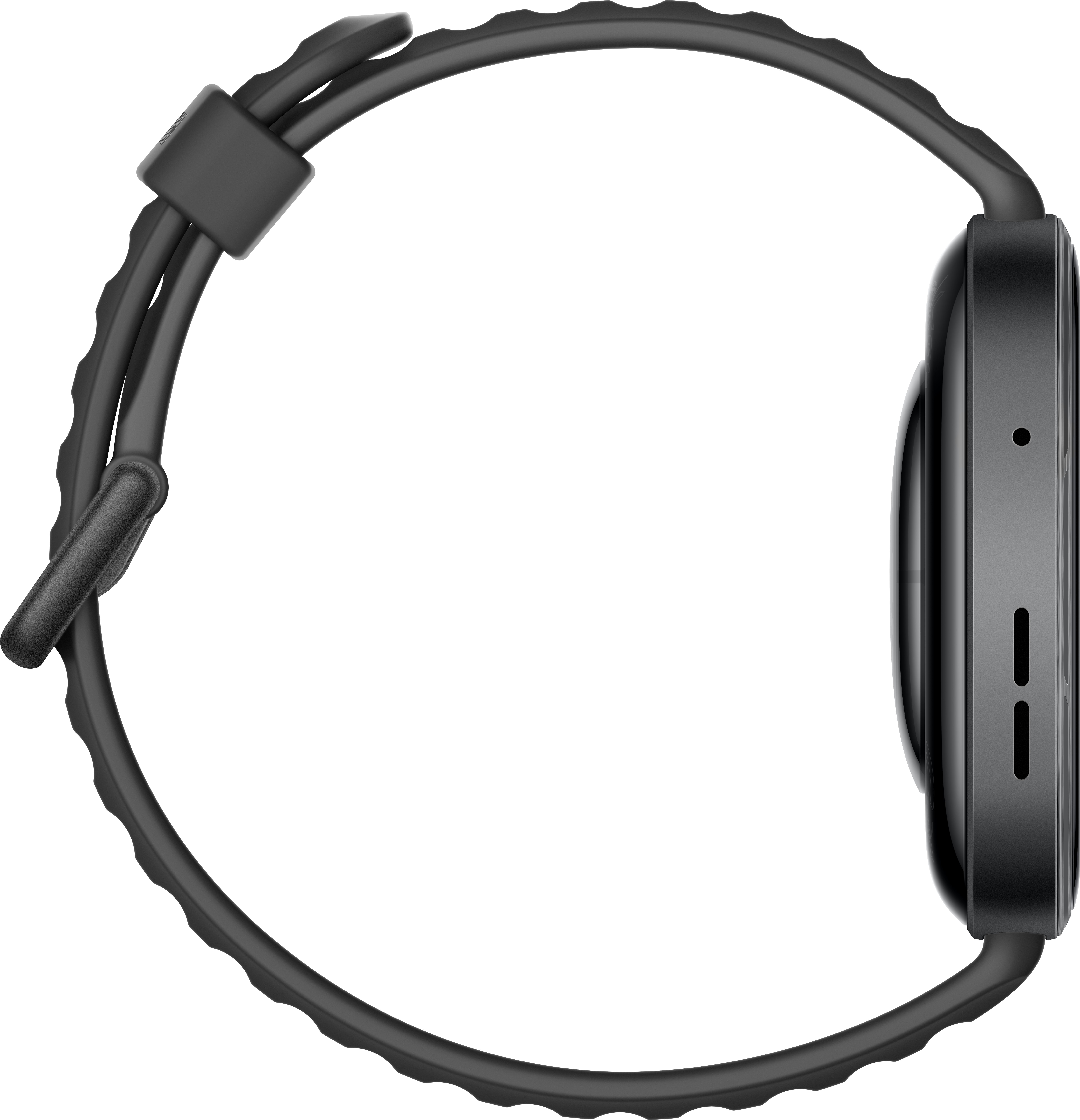 Eine schwarze Smartwatch mit strukturiertem Armband wird von der Seite auf schwarzem Hintergrund gezeigt.