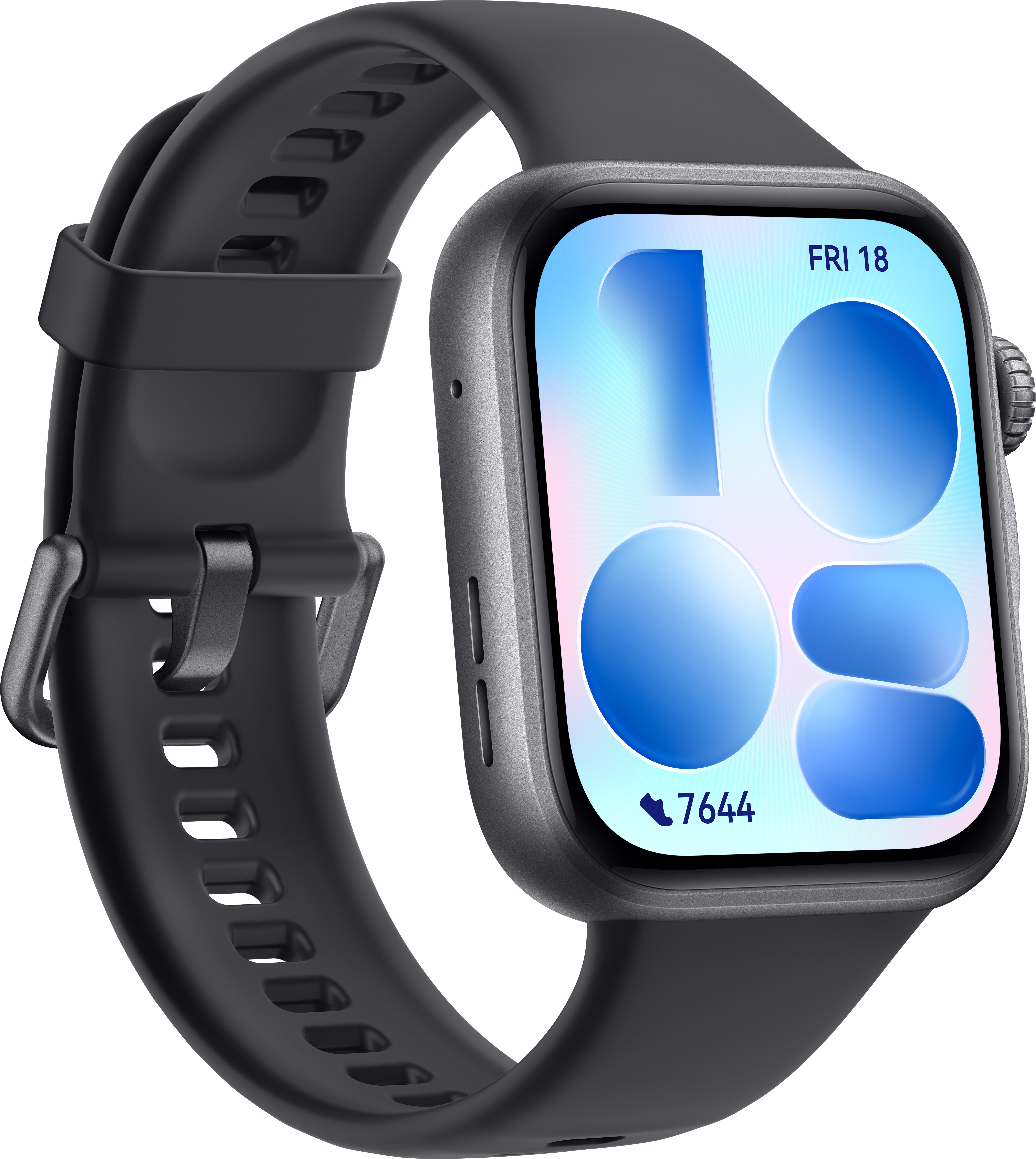Eine dunkle Smartwatch mit einem Touchscreen, der "FRI 18" und Schritte anzeigt.
