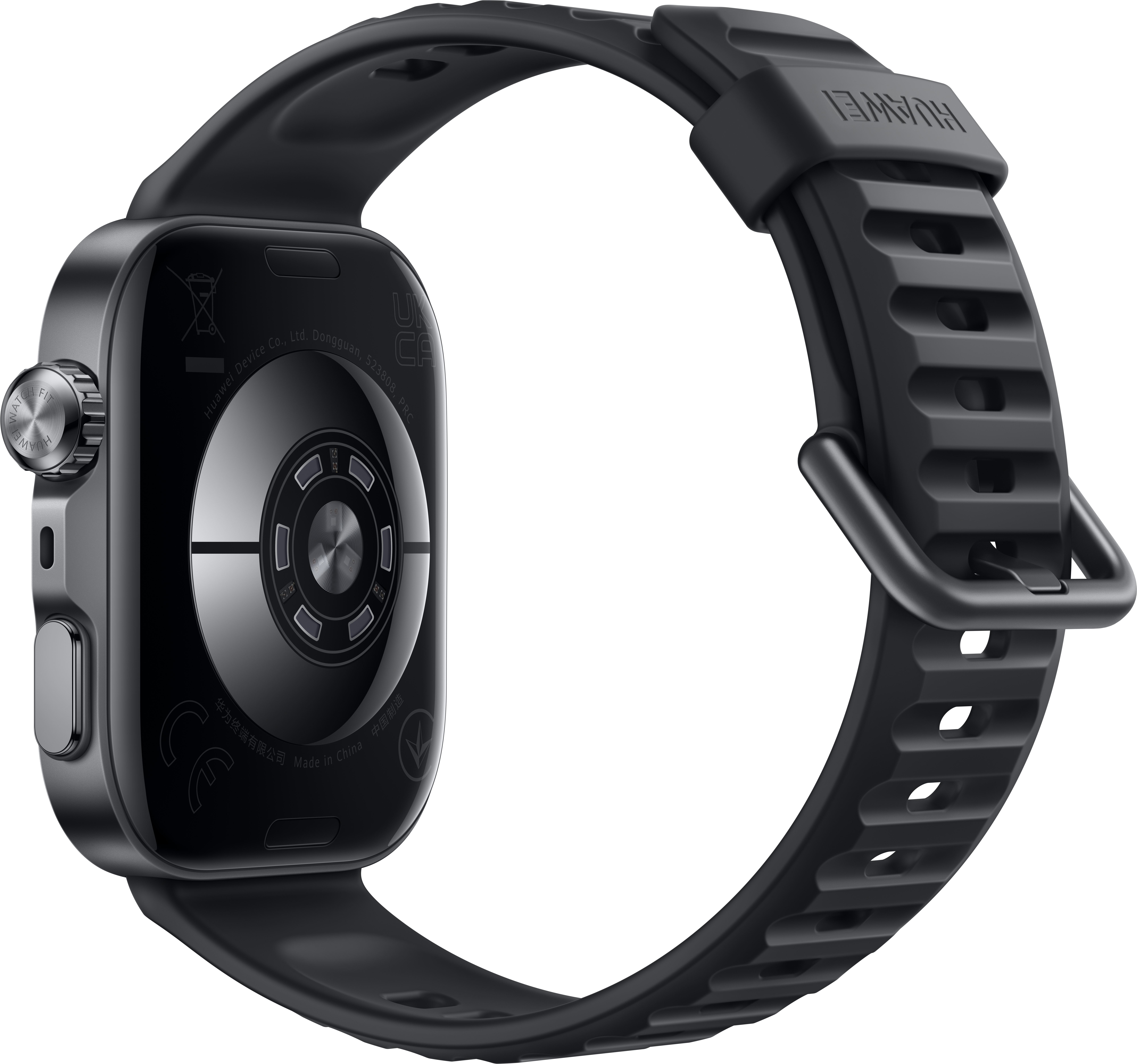 Rückseite einer schwarzen Smartwatch mit Riemen und Ladekontakten.