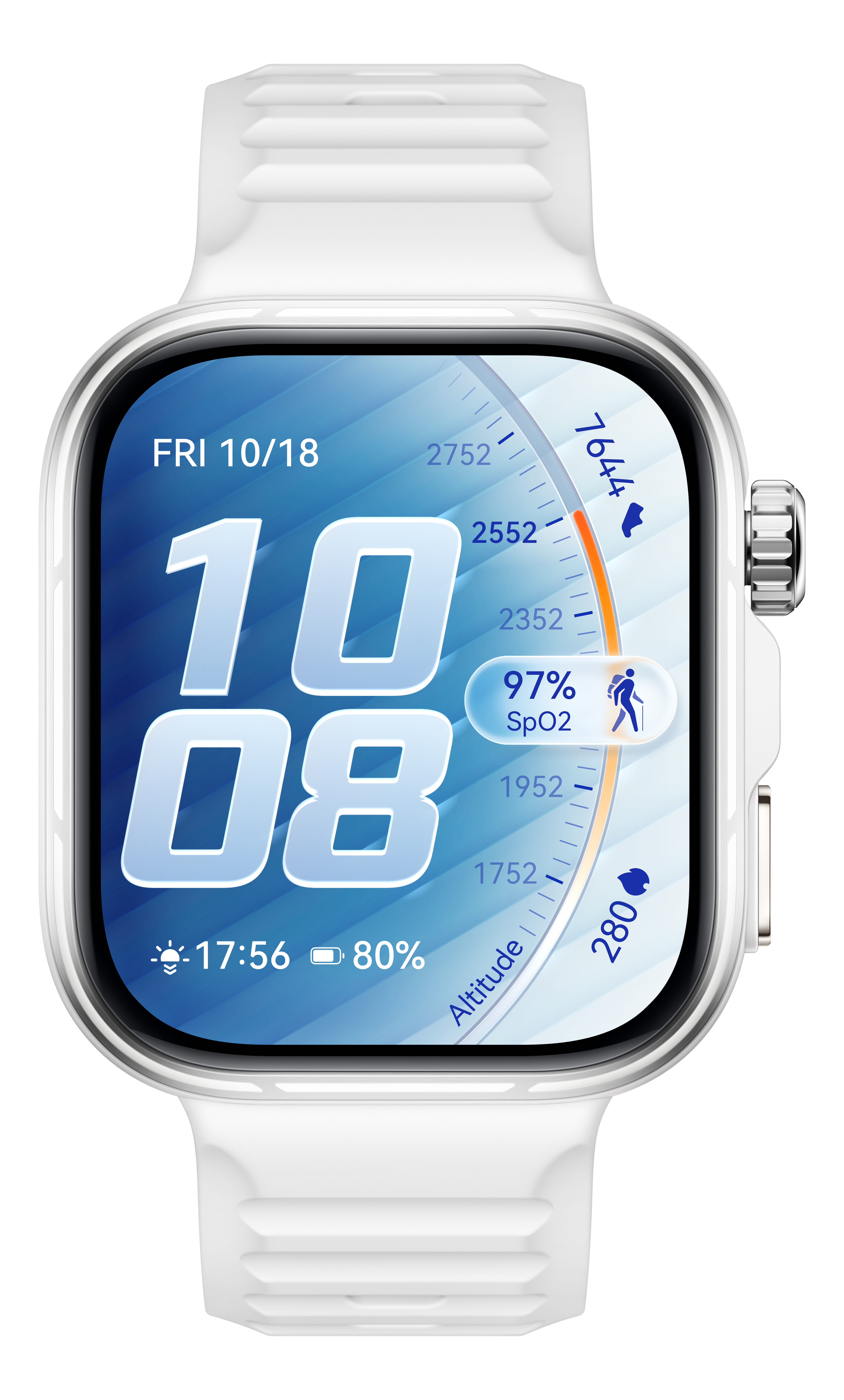 Weiße Smartwatch mit digitaler Anzeige: 10:08 Uhr, 97 % SpO2, 80 % Akku.