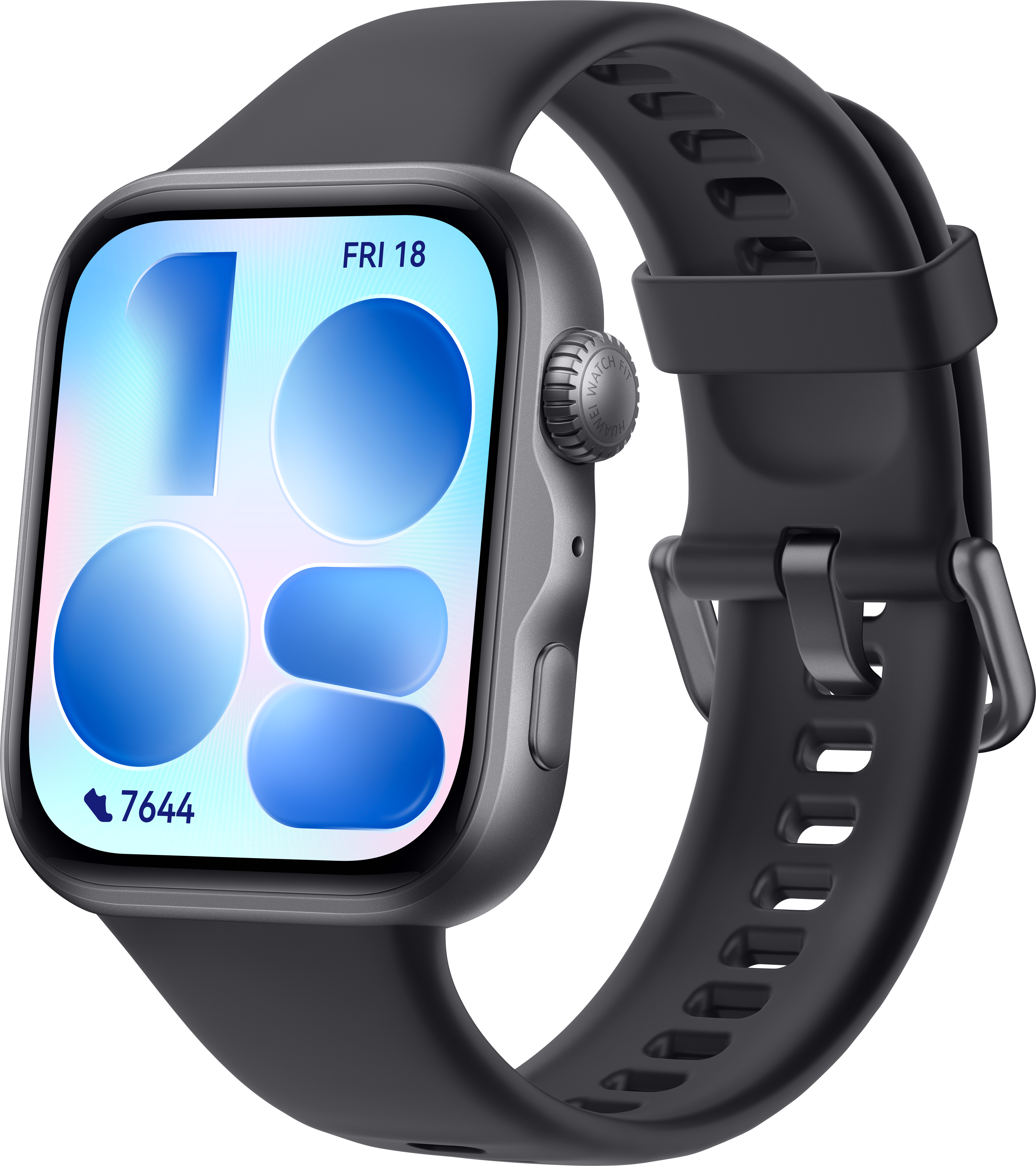 Graue Smartwatch mit buntem Zifferblatt, zeigt Datum und Schritte.