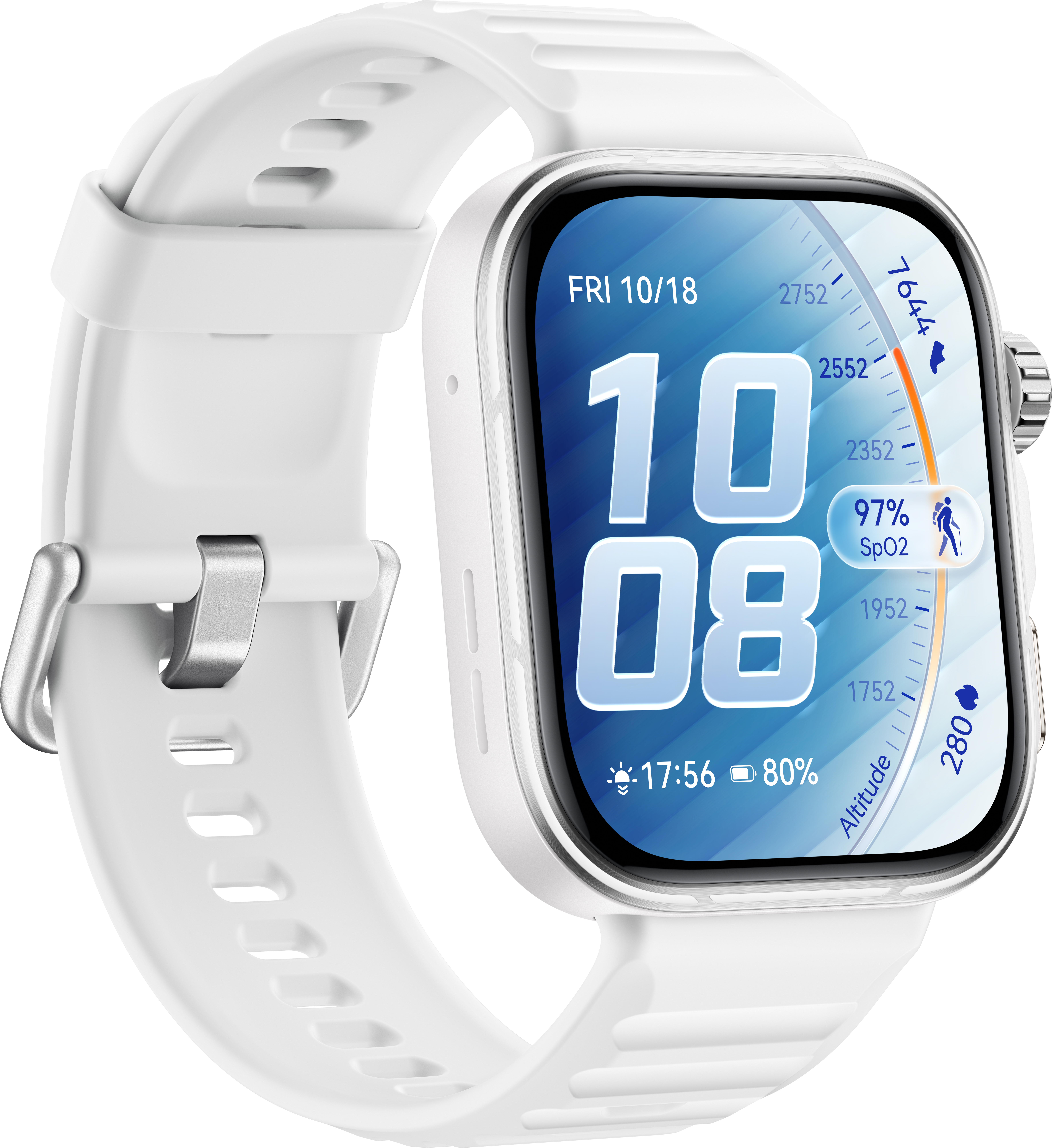 Eine weiße Smartwatch zeigt Fr 10/18, 10:08 Uhr, 97% SpO2, 17:56 Uhr und 80% Akku.
